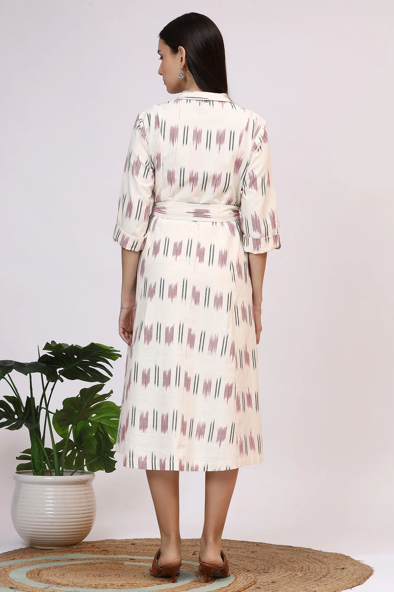 White Ikkat Pure Cotton A-line Shirt Dress with Belt - Image 6