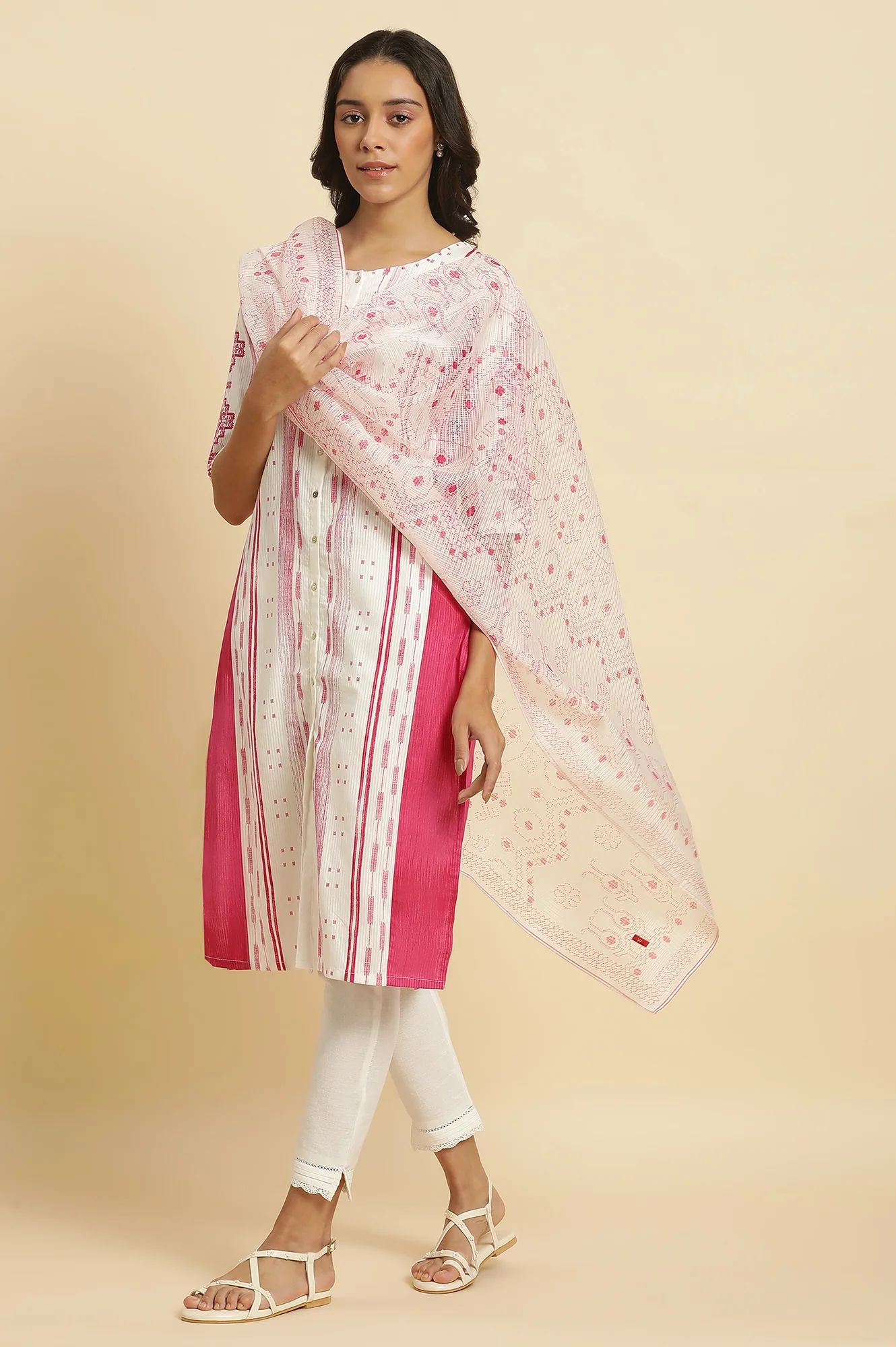 White Kota Dupatta In Pink Print - Image 3