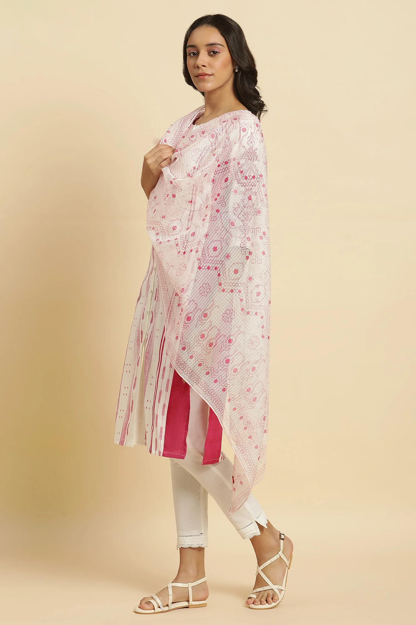 White Kota Dupatta In Pink Print - Image 4
