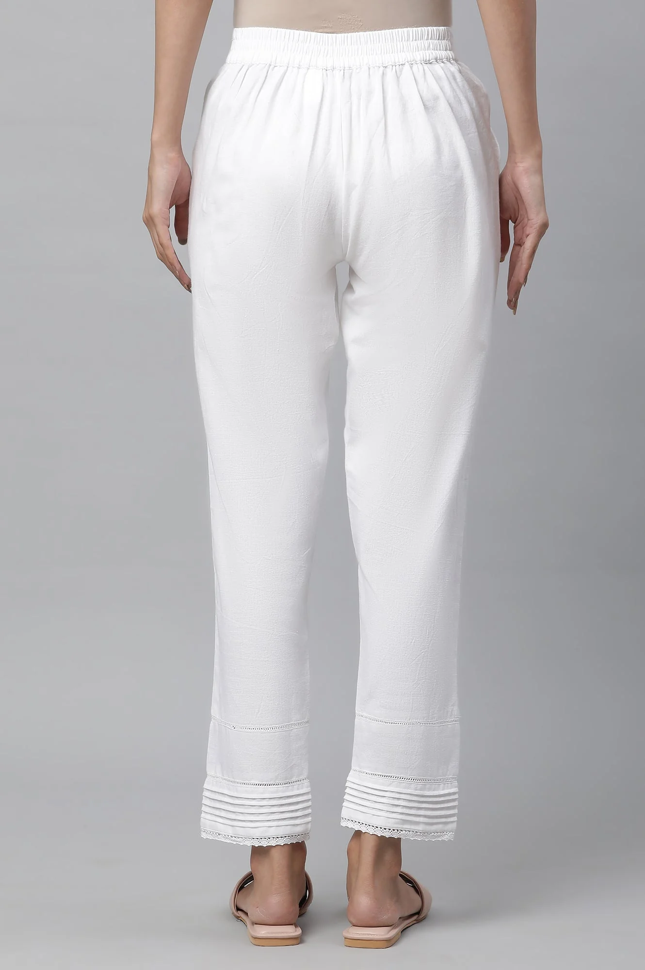 White Solid Straight Fit Cotton Trousers With Lace Inserts - Image 3