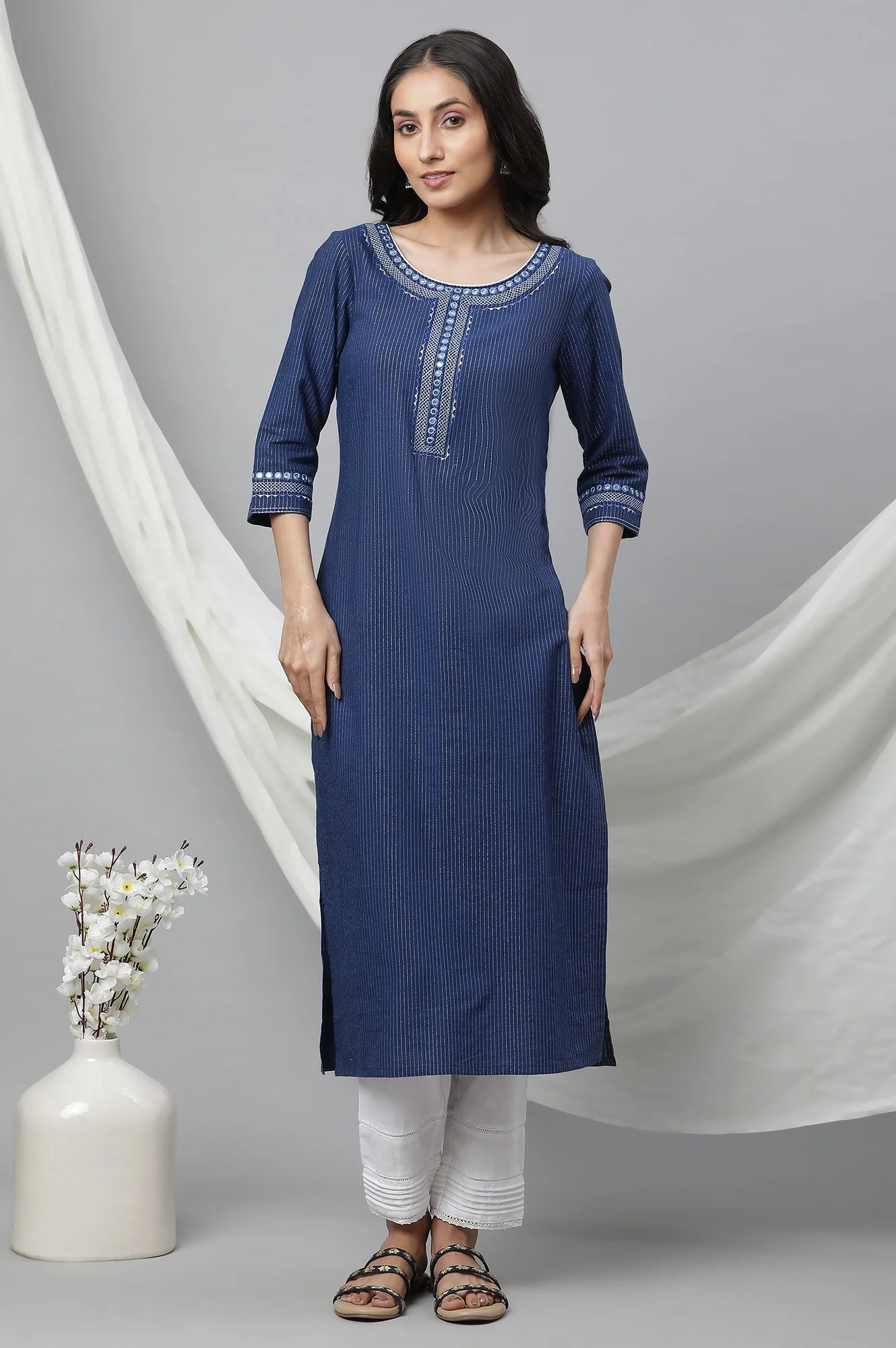 White Solid Straight Fit Cotton Trousers With Lace Inserts - Image 5