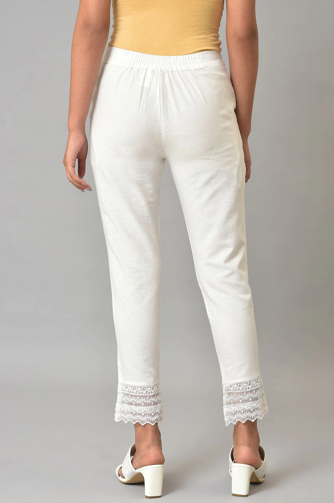 White Lace Trim Cotton Slim Pant - Image 2