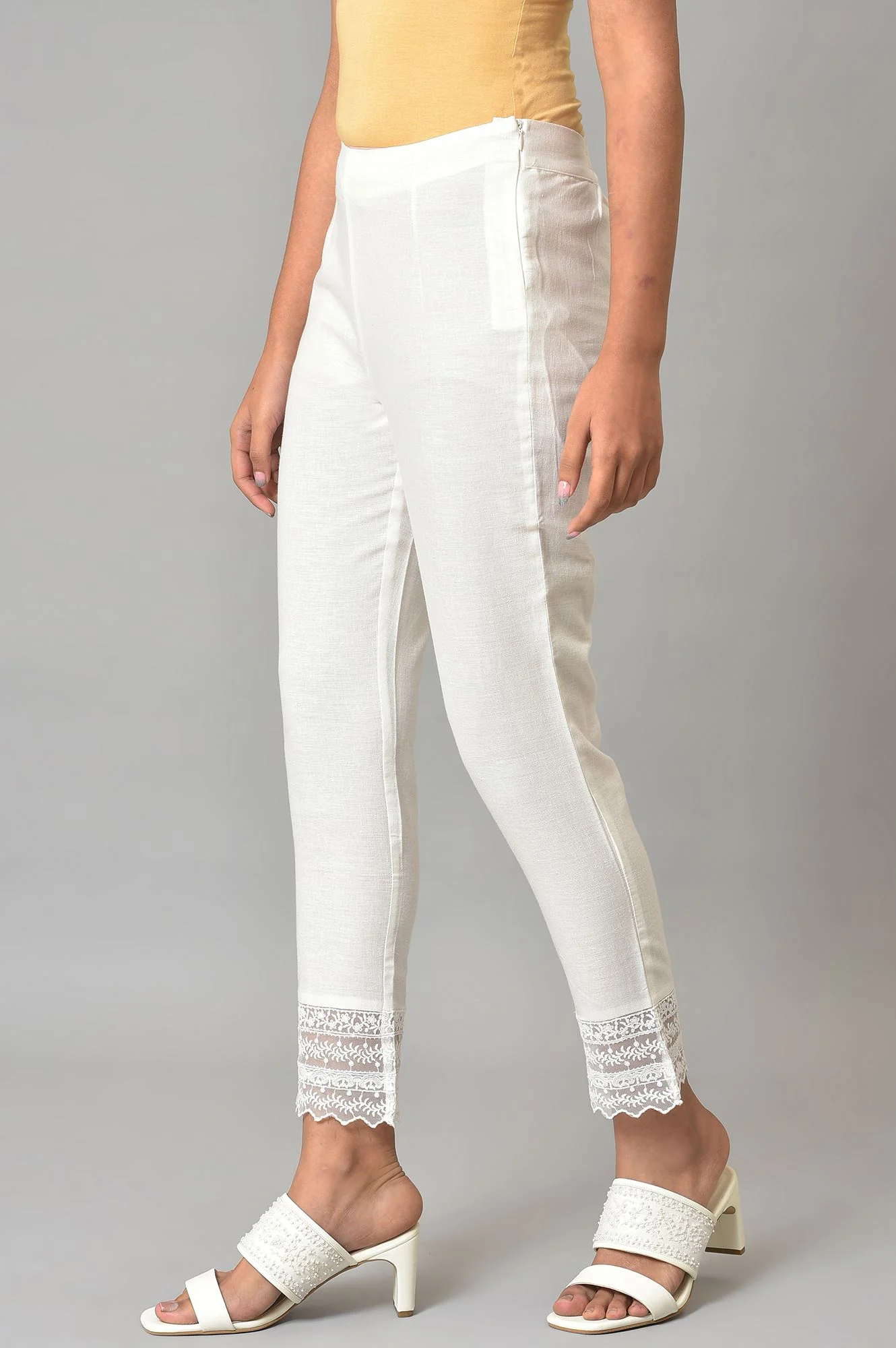 White Lace Trim Cotton Slim Pant - Image 3