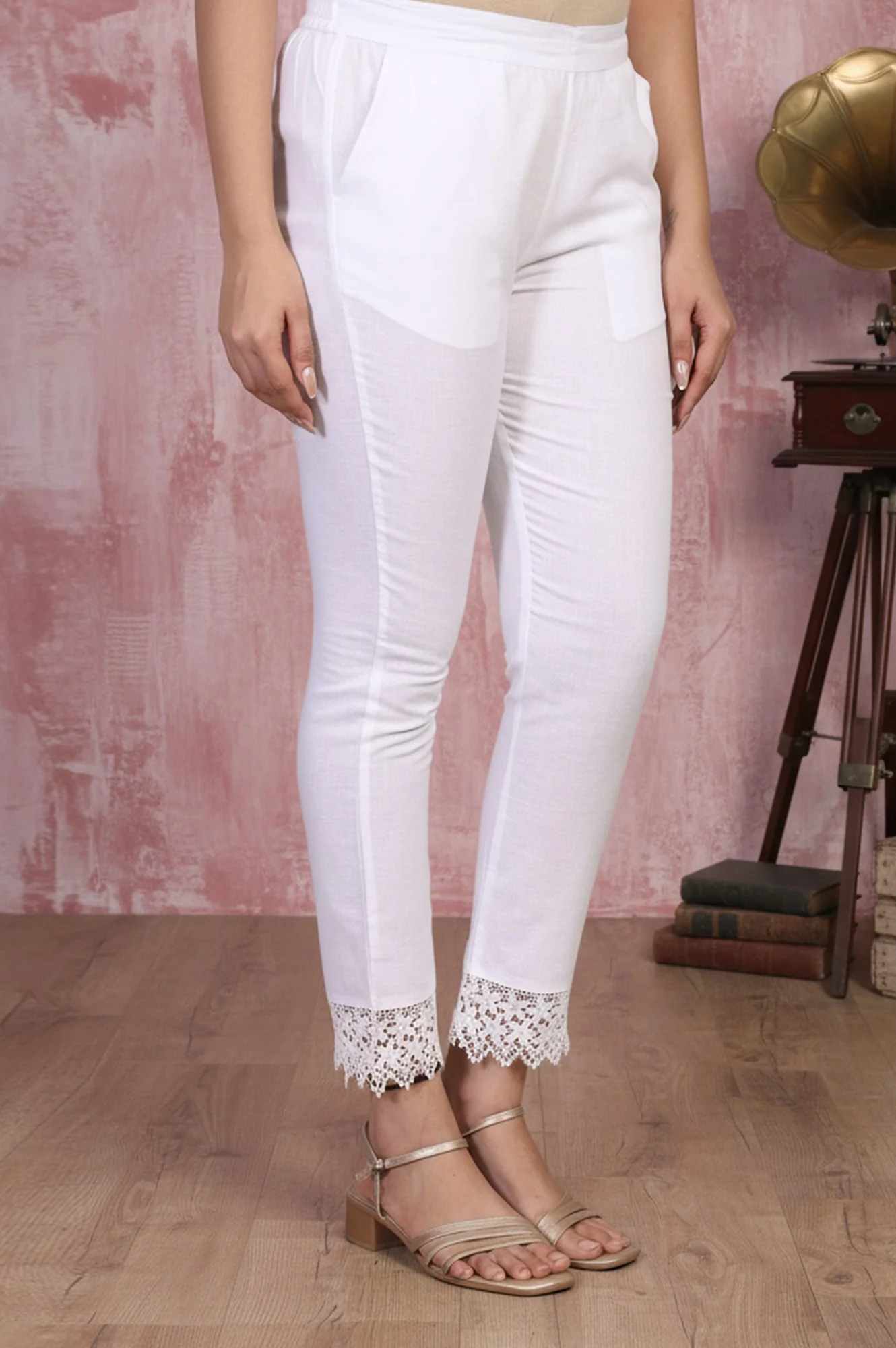 White Lace Trim Slim-Fit Cotton Pant - Image 3