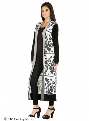 White Leaf-Print Long Cardigan - Image 2