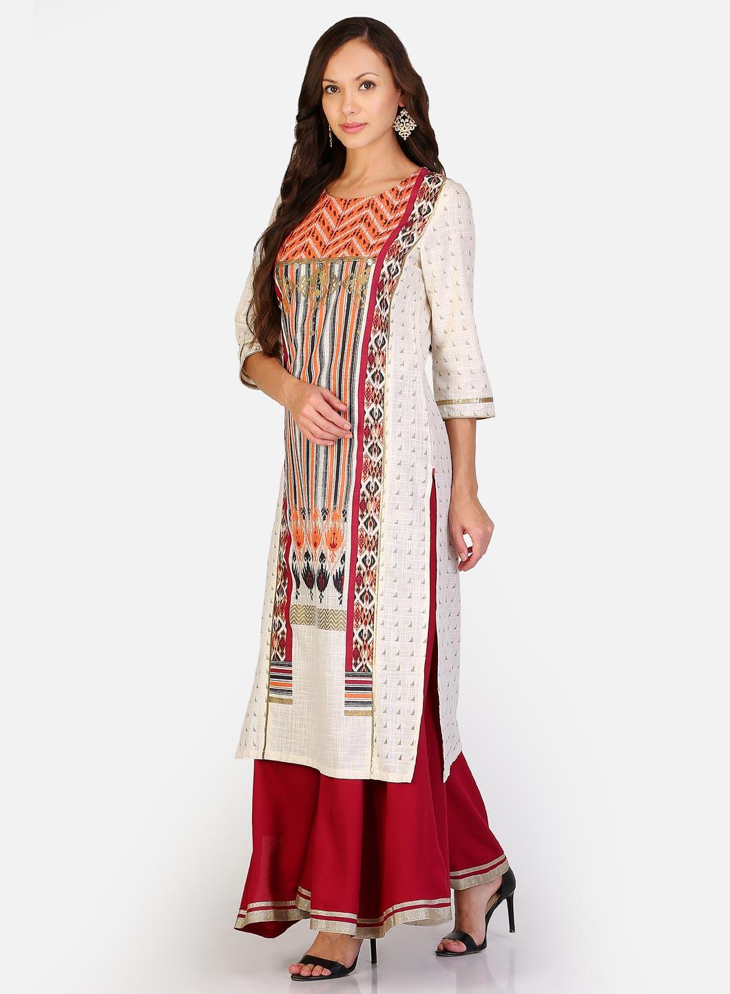 White & Maroon Round Neck Printed kurta - Image 2