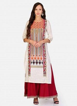 White & Maroon Round Neck Printed kurta - Image 6