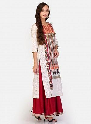 White & Maroon Round Neck Printed kurta - Image 8