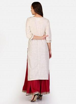 White & Maroon Round Neck Printed kurta - Image 9