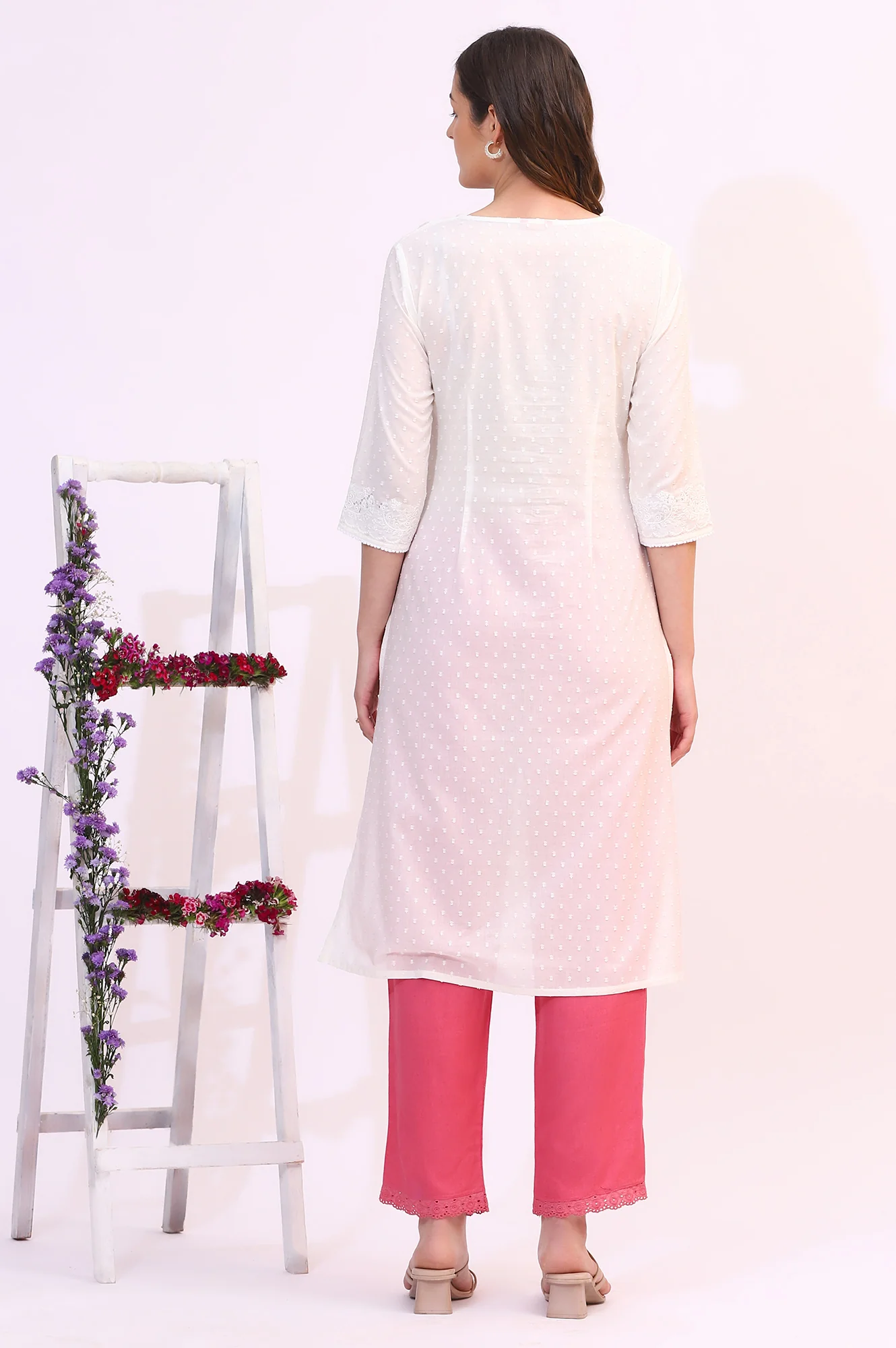White Mirror Work Pure Cotton Straight Kurta - Image 5