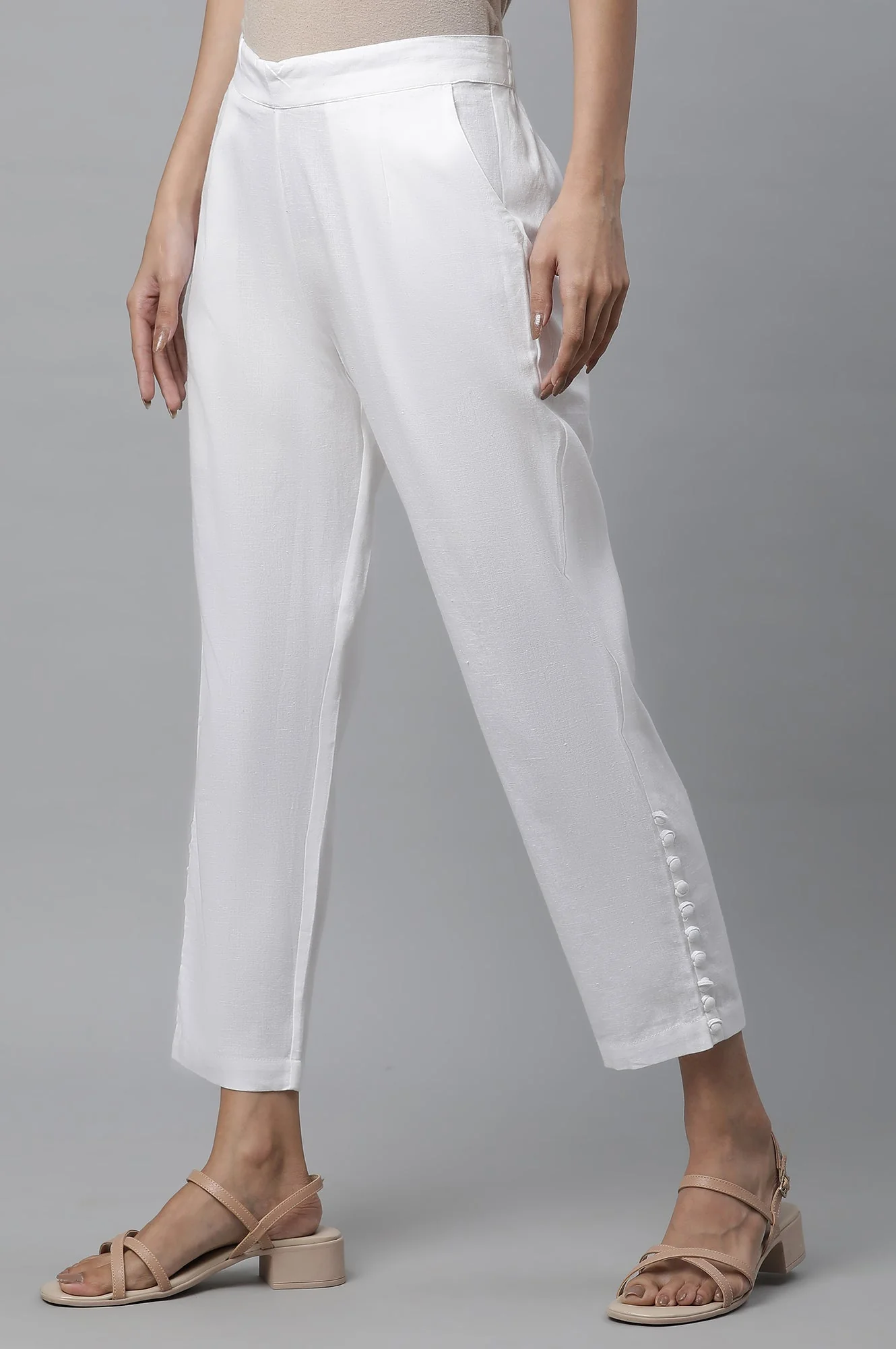 White Solid Straight Fit Cotton Trousers With Button Detail - Image 2