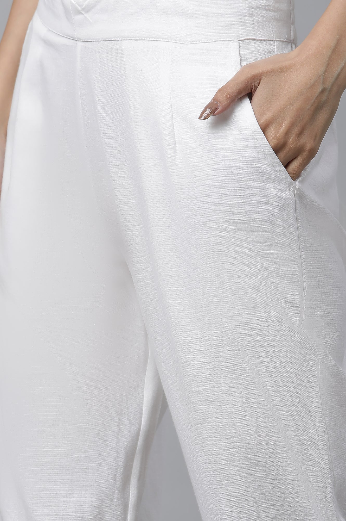 White Solid Straight Fit Cotton Trousers With Button Detail - Image 6