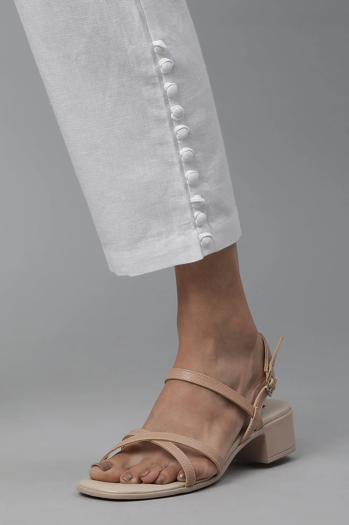 White Solid Straight Fit Cotton Trousers With Button Detail - Image 8