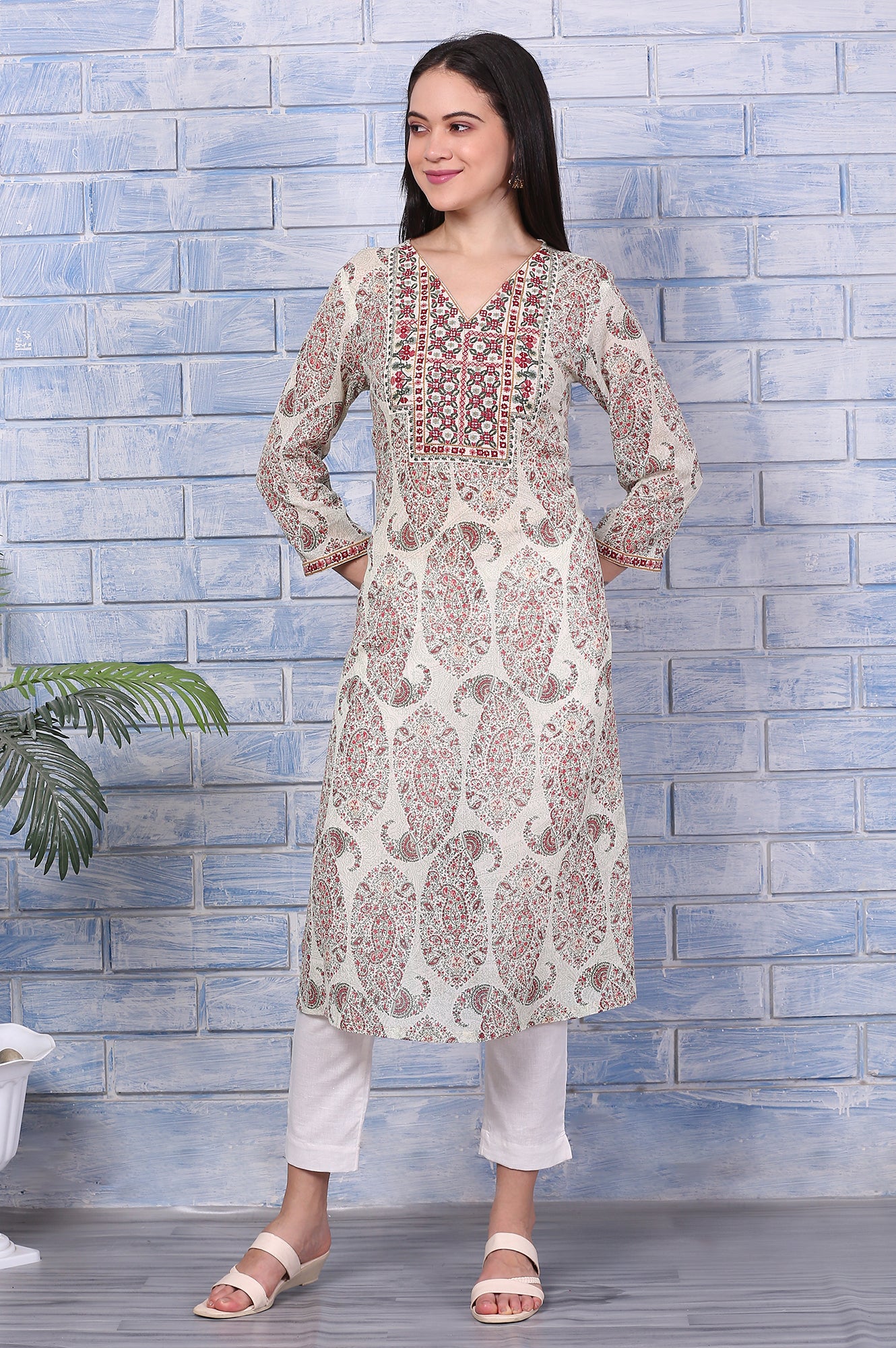White Paisley Printed Pure Cotton Straight Kurta with Embroidered Yoke - Image 2