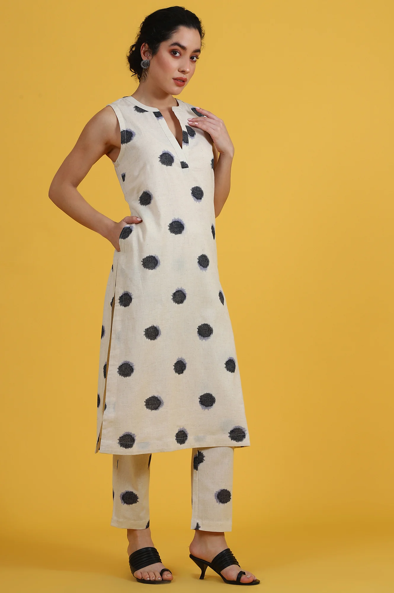 White Polka Dots Cotton Flax A-line Kurta and Pants Co-ord Set - Image 7