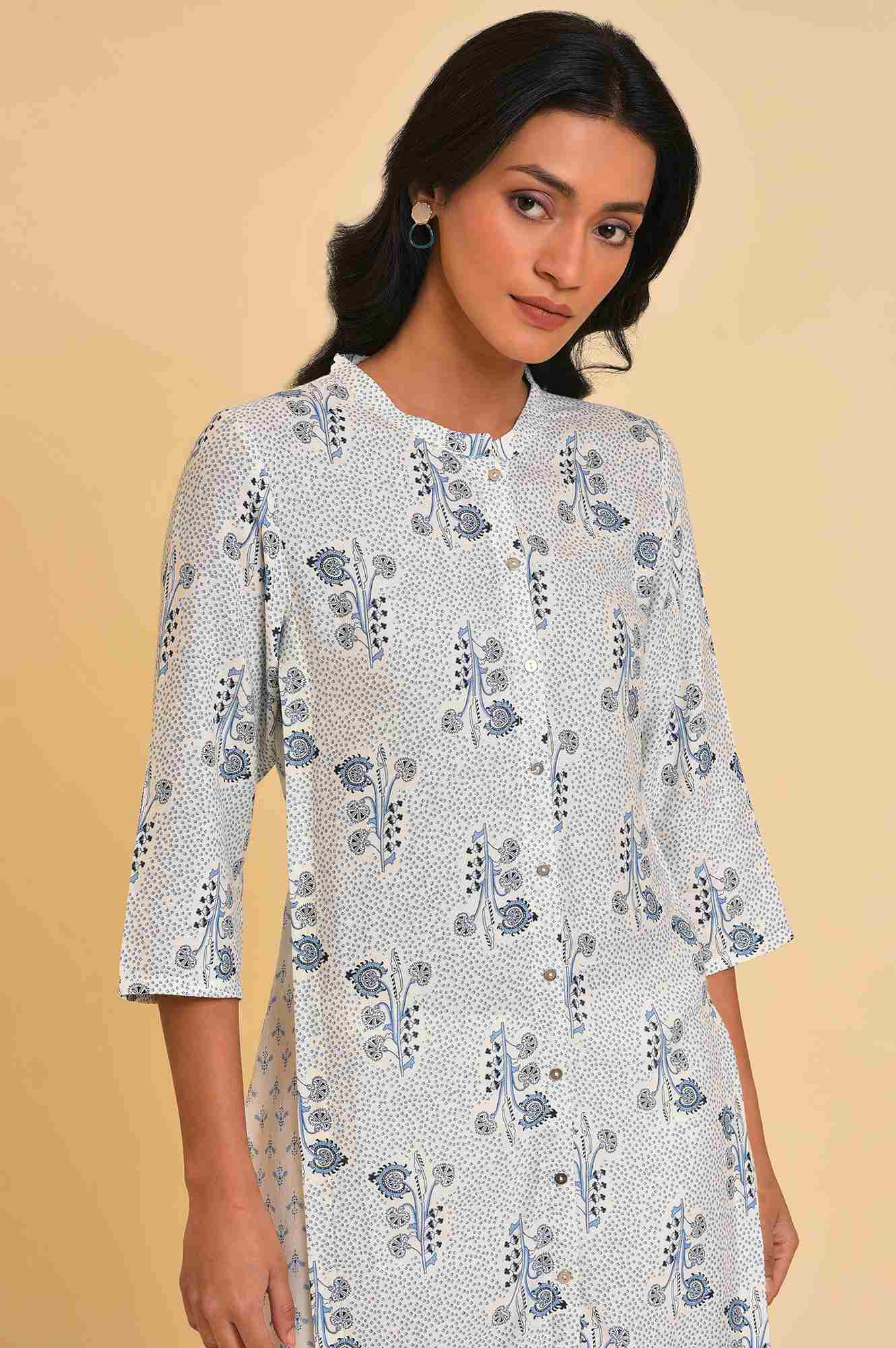 White Printed Button Down Kurta - Image 5