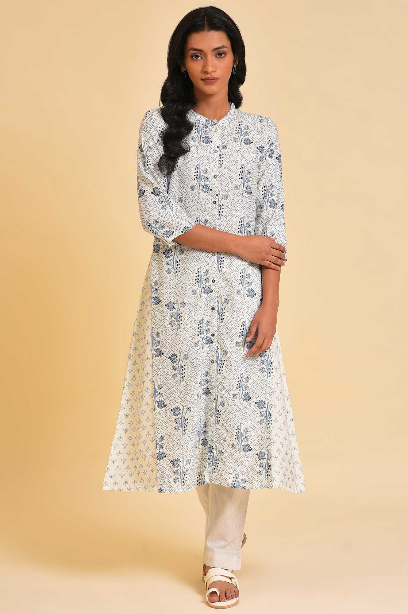 White Printed Button Down Kurta - Image 6