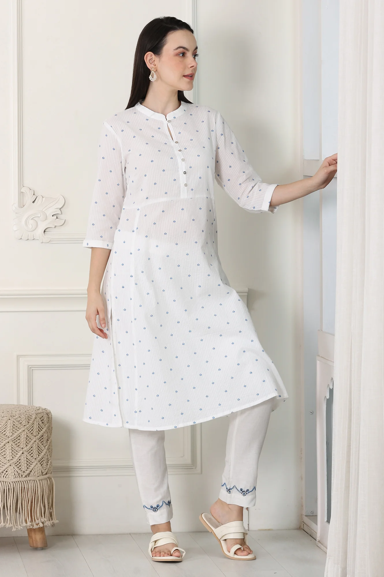 White Printed Pure Cotton Soft & Breathable Straight Kurta - Image 6