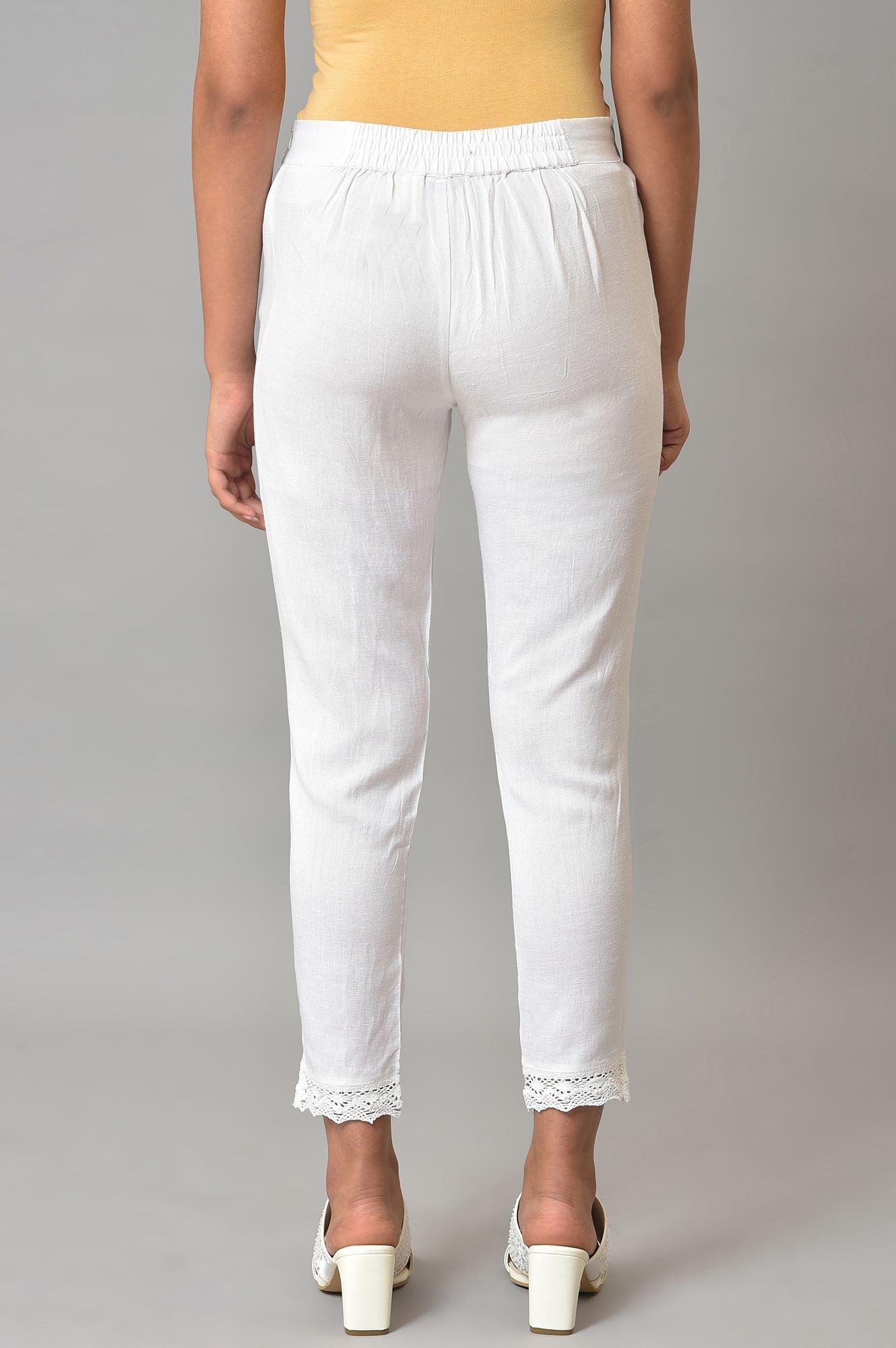 White Slim Pants With Lace Detail - Image 2