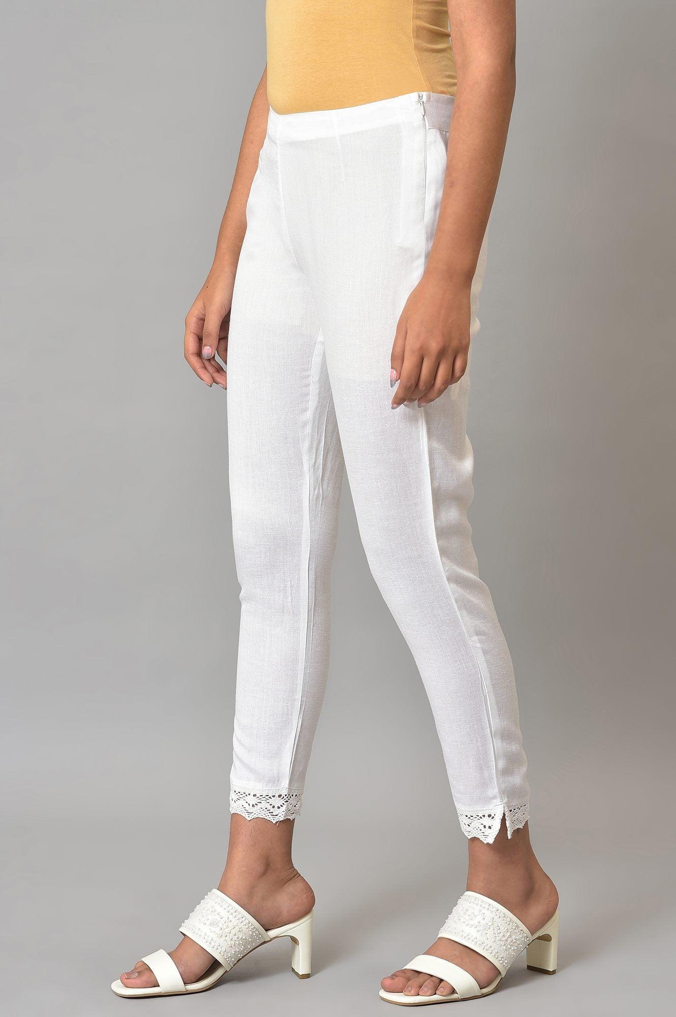 White Slim Pants With Lace Detail - Image 3