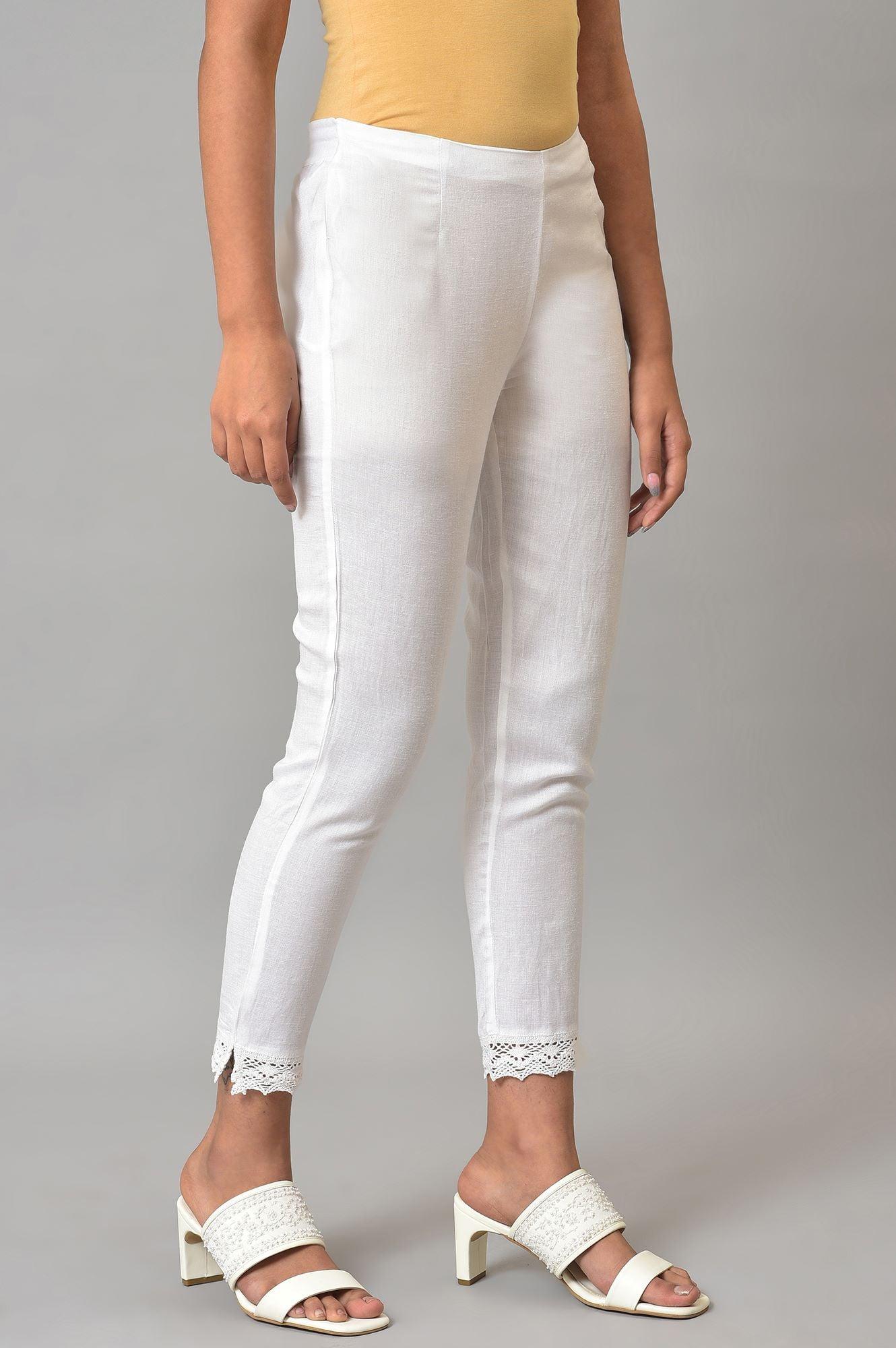 White Slim Pants With Lace Detail - Image 4