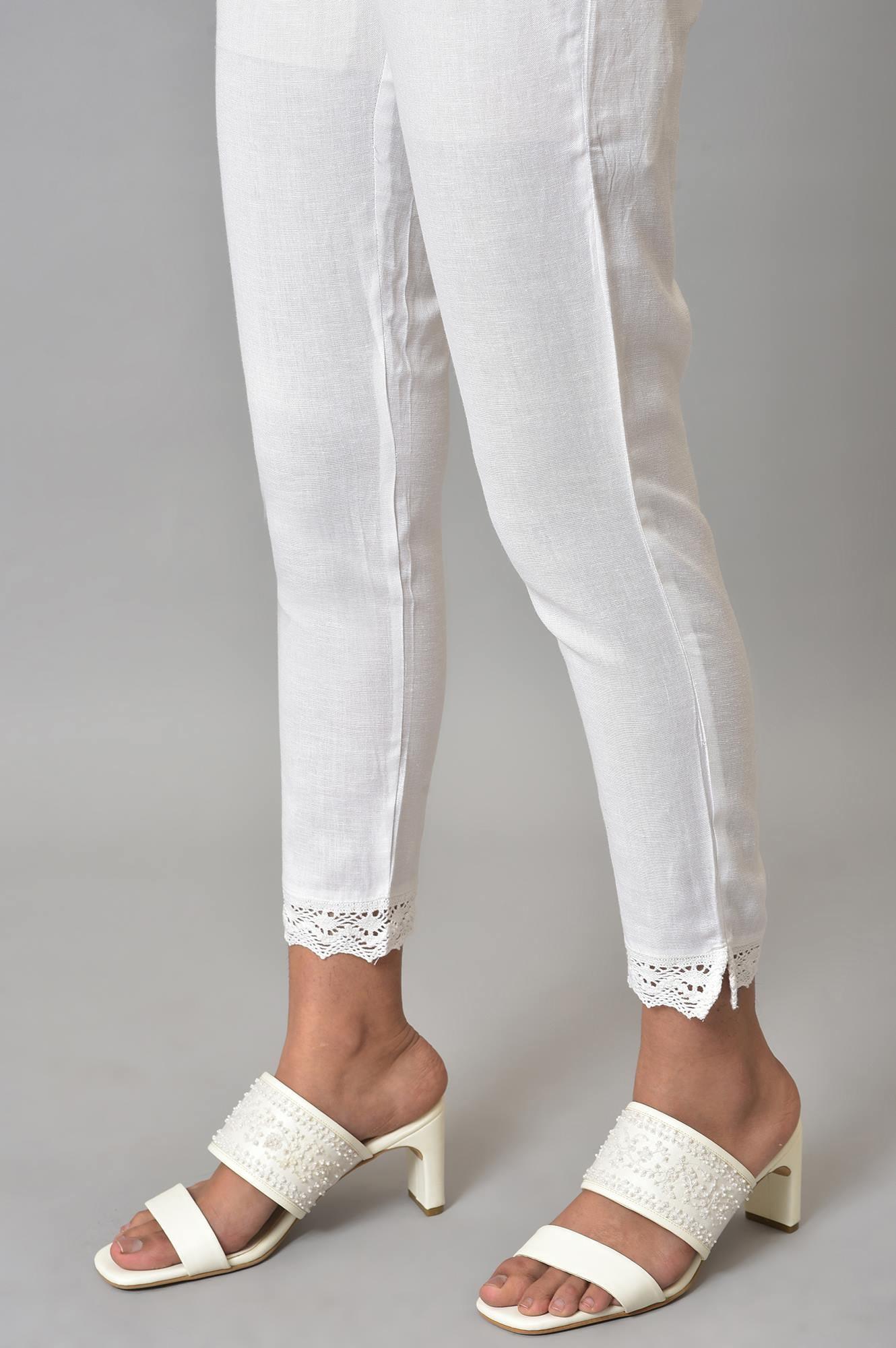White Slim Pants With Lace Detail - Image 8