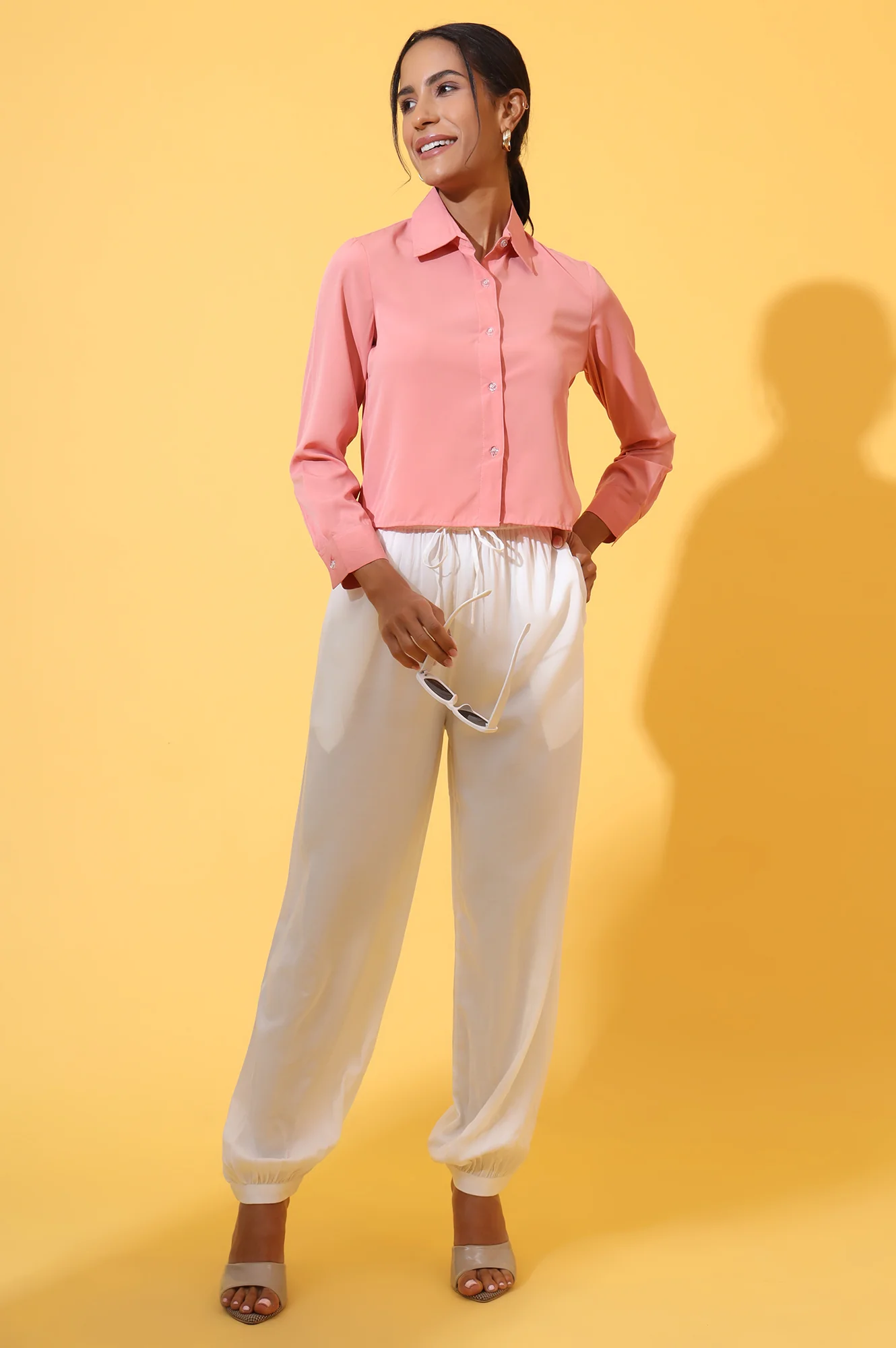 White Solid Ankle Length Rayon Harem Pants