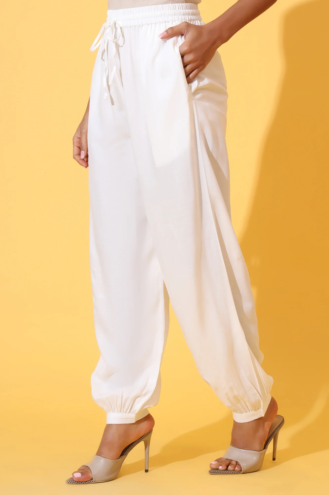 White Solid Ankle Length Rayon Harem Pants - Image 3