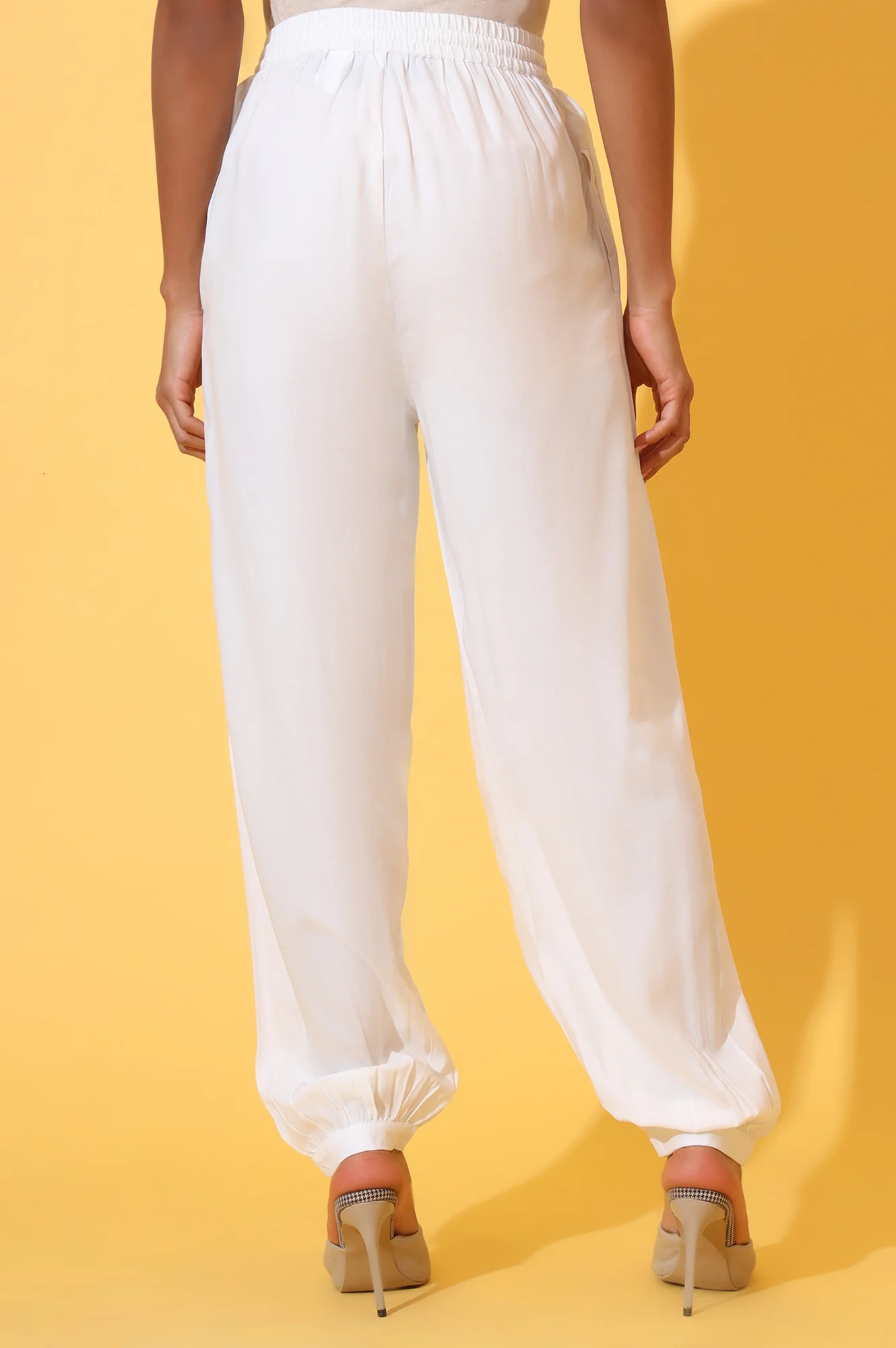 White Solid Ankle Length Rayon Harem Pants - Image 4