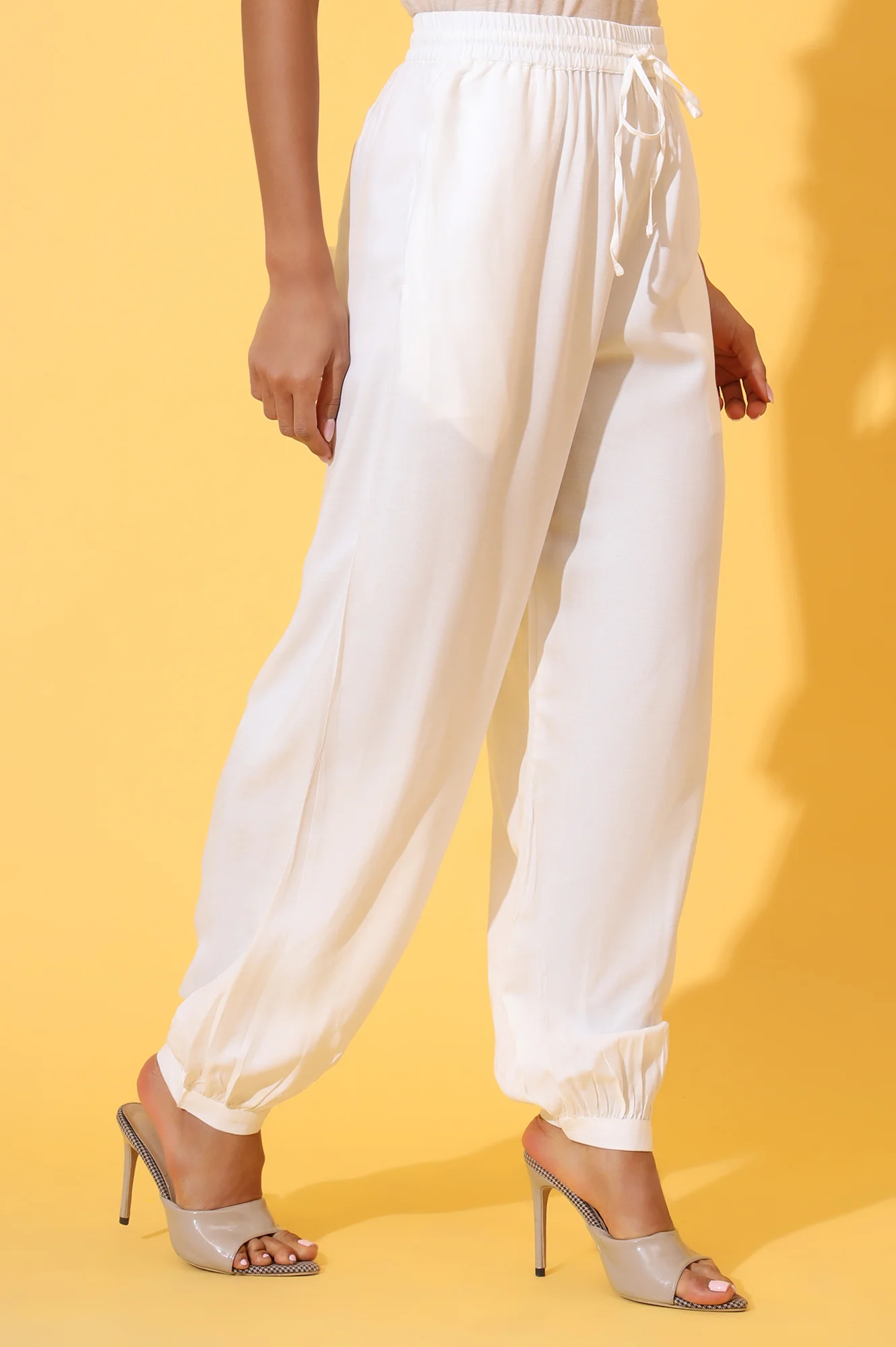 White Solid Ankle Length Rayon Harem Pants - Image 5