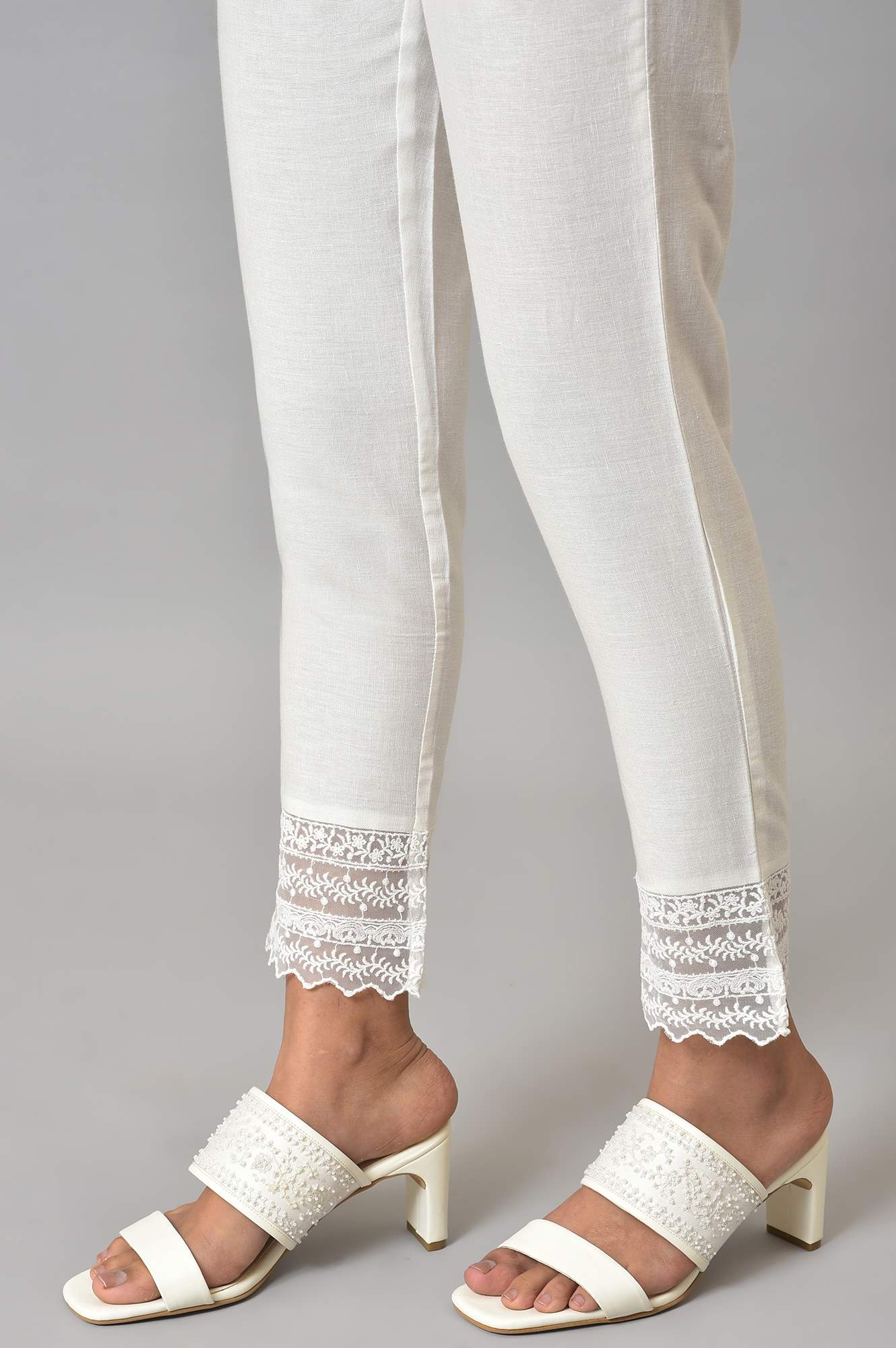 White Solid Cotton Flax Slim Pant with Embellished Hemline - Image 8