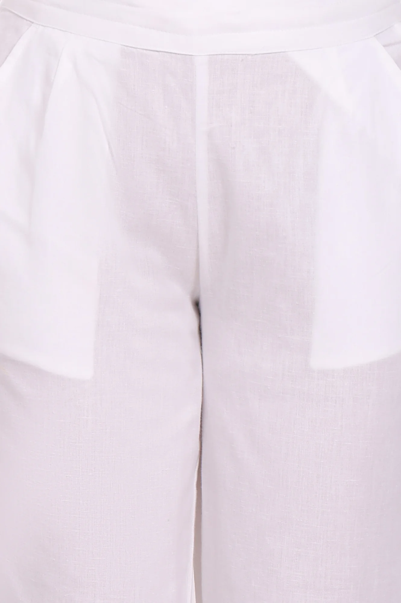 White Solid Cotton Flax Straight Pants in Mid-rise - Image 6