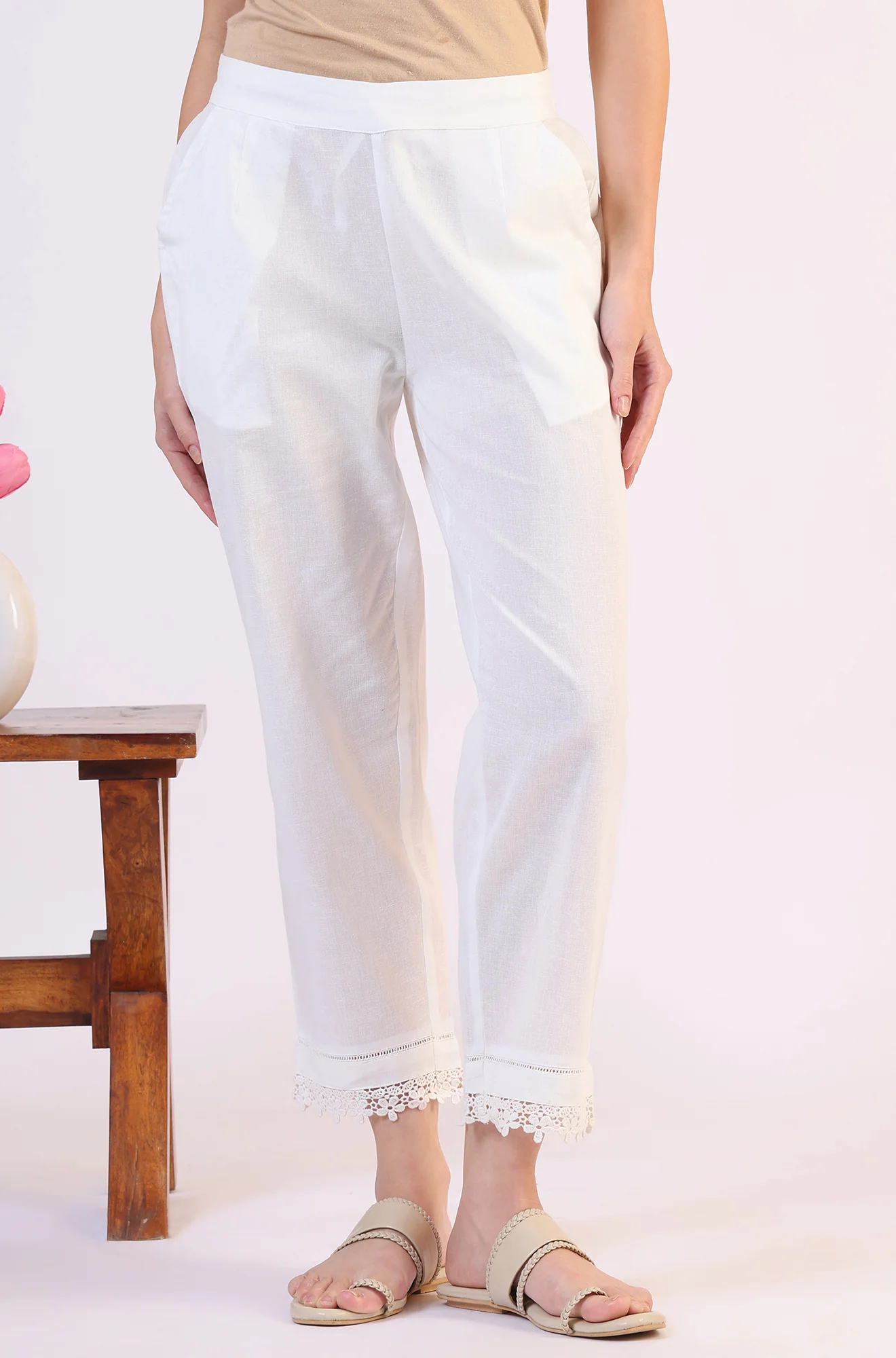 White Solid Cotton Flax Straight Pants with Lace Hemline - Image 2