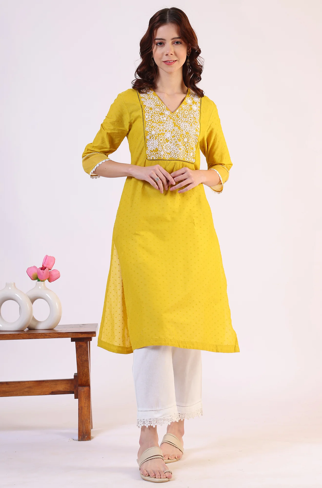 White Solid Cotton Flax Straight Pants with Lace Hemline - Image 6
