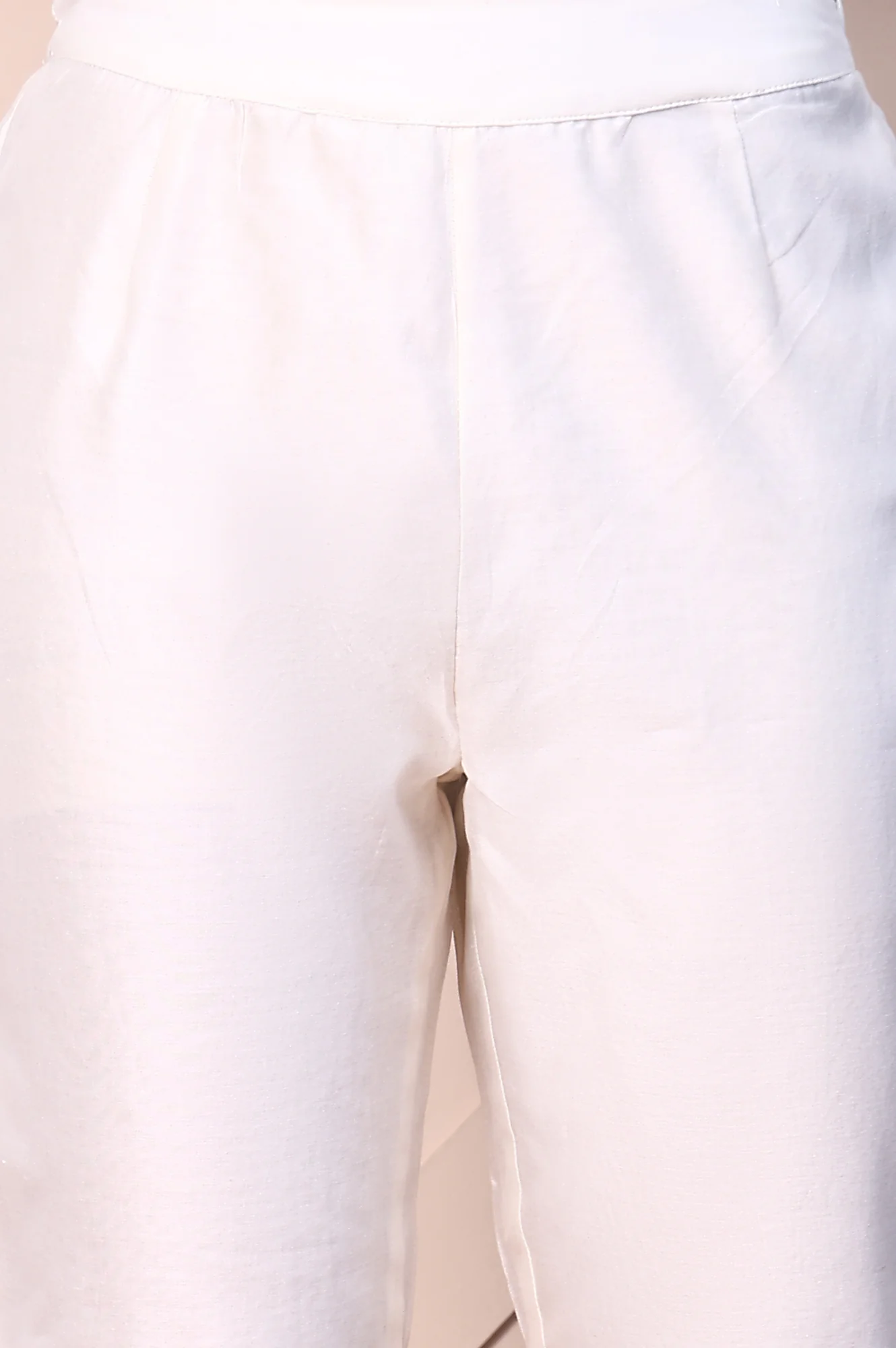 White Solid Embroidered Hemline Cotton Silk Slim Pants - Image 6