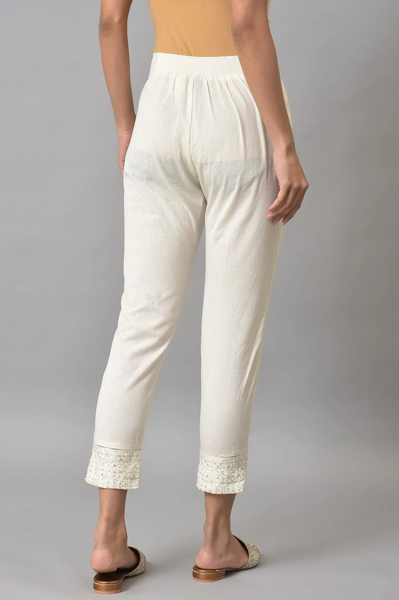 White Solid Embroidered Slim Cotton Pant - Image 2