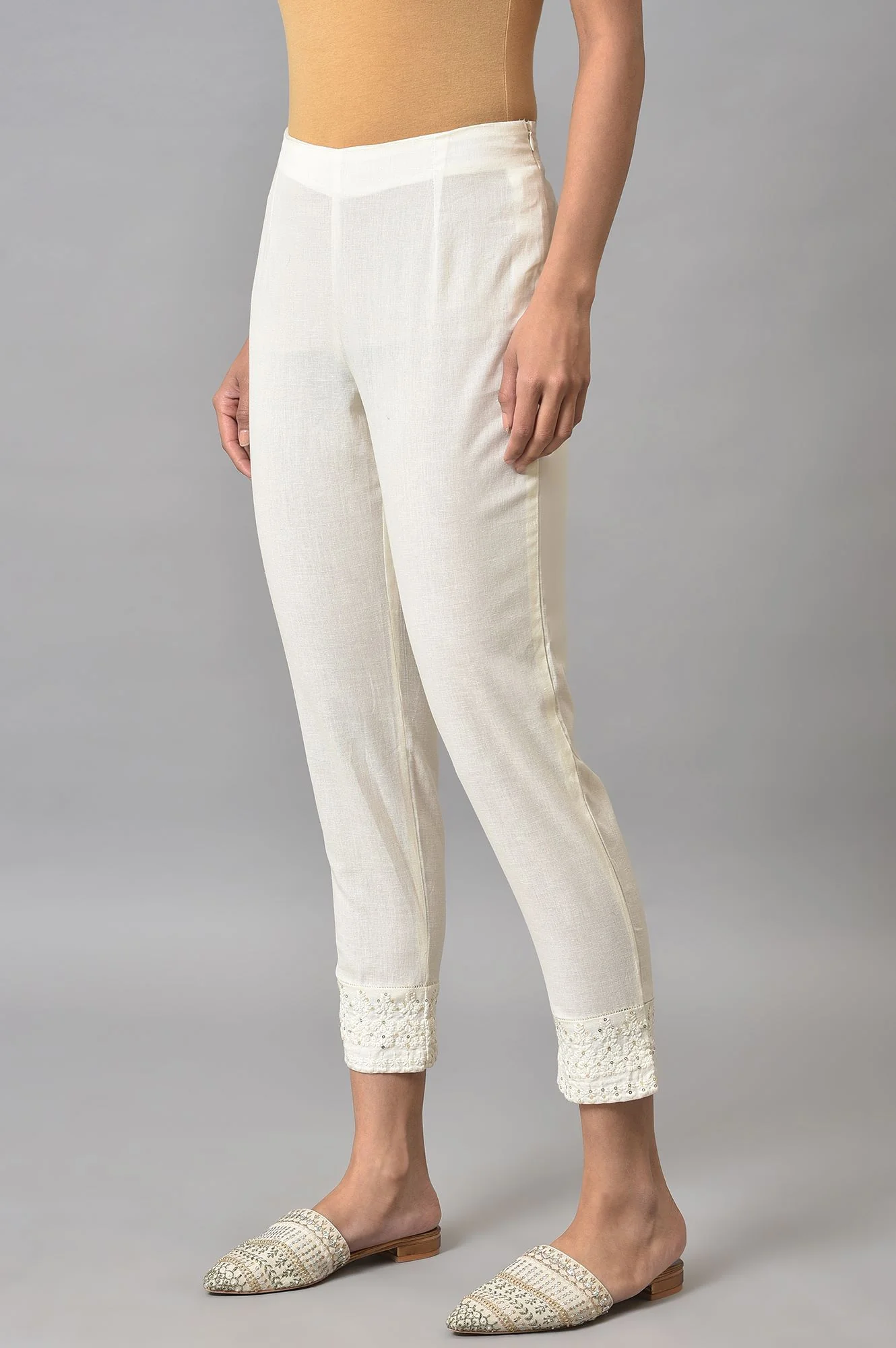 White Solid Embroidered Slim Cotton Pant - Image 3