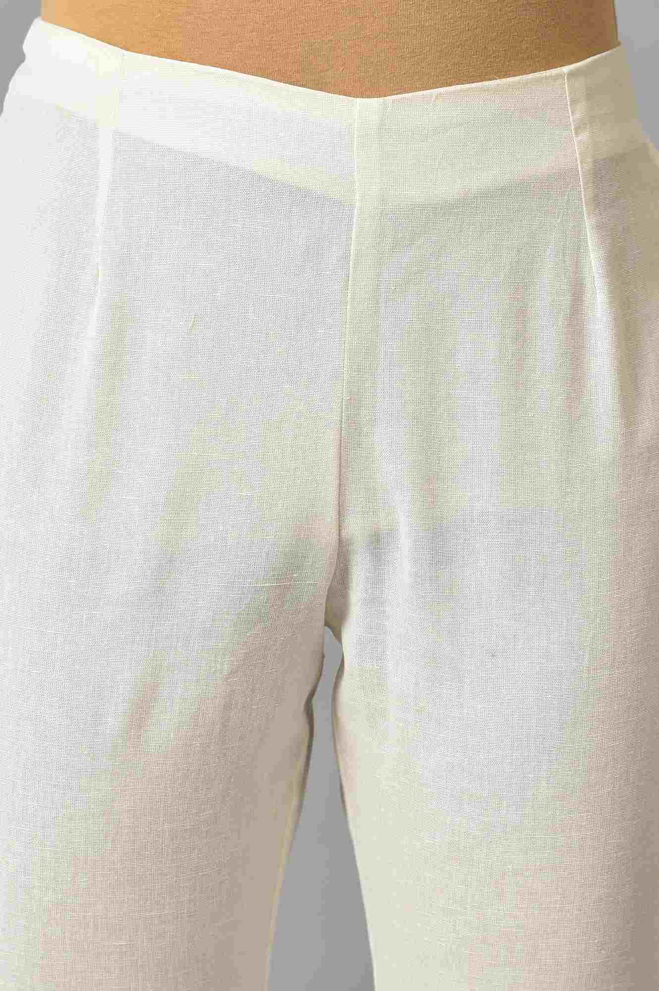 White Solid Embroidered Slim Cotton Pant - Image 6
