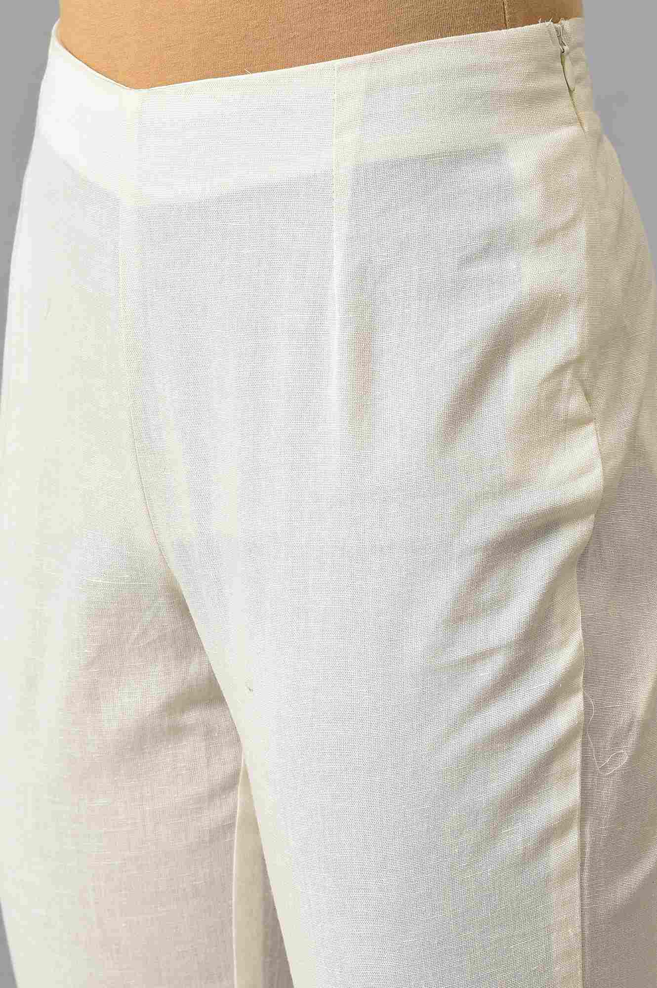 White Solid Embroidered Slim Cotton Pant - Image 7