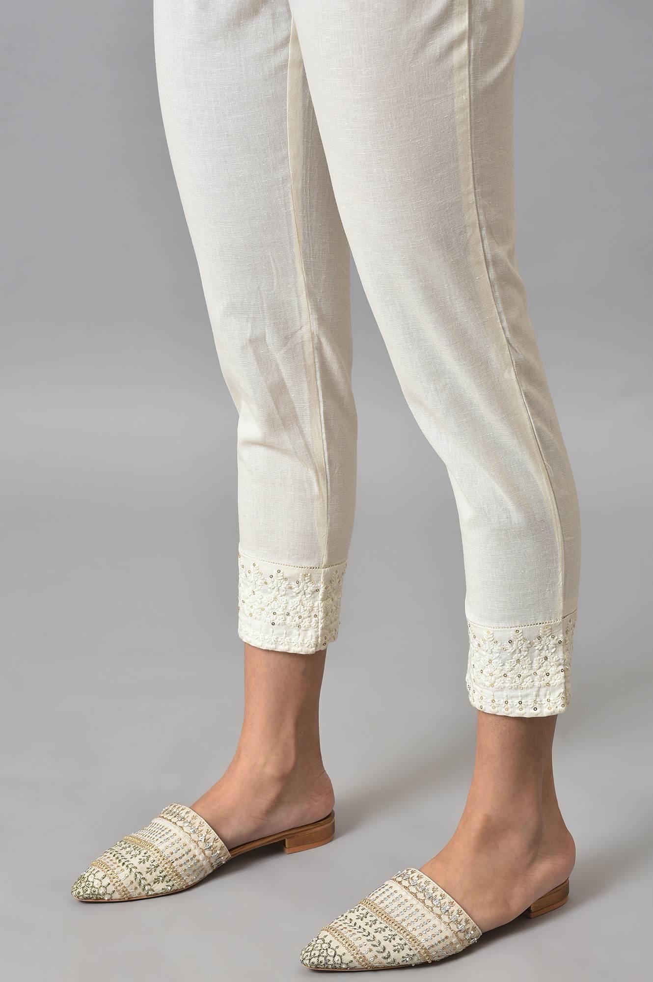White Solid Embroidered Slim Cotton Pant - Image 8