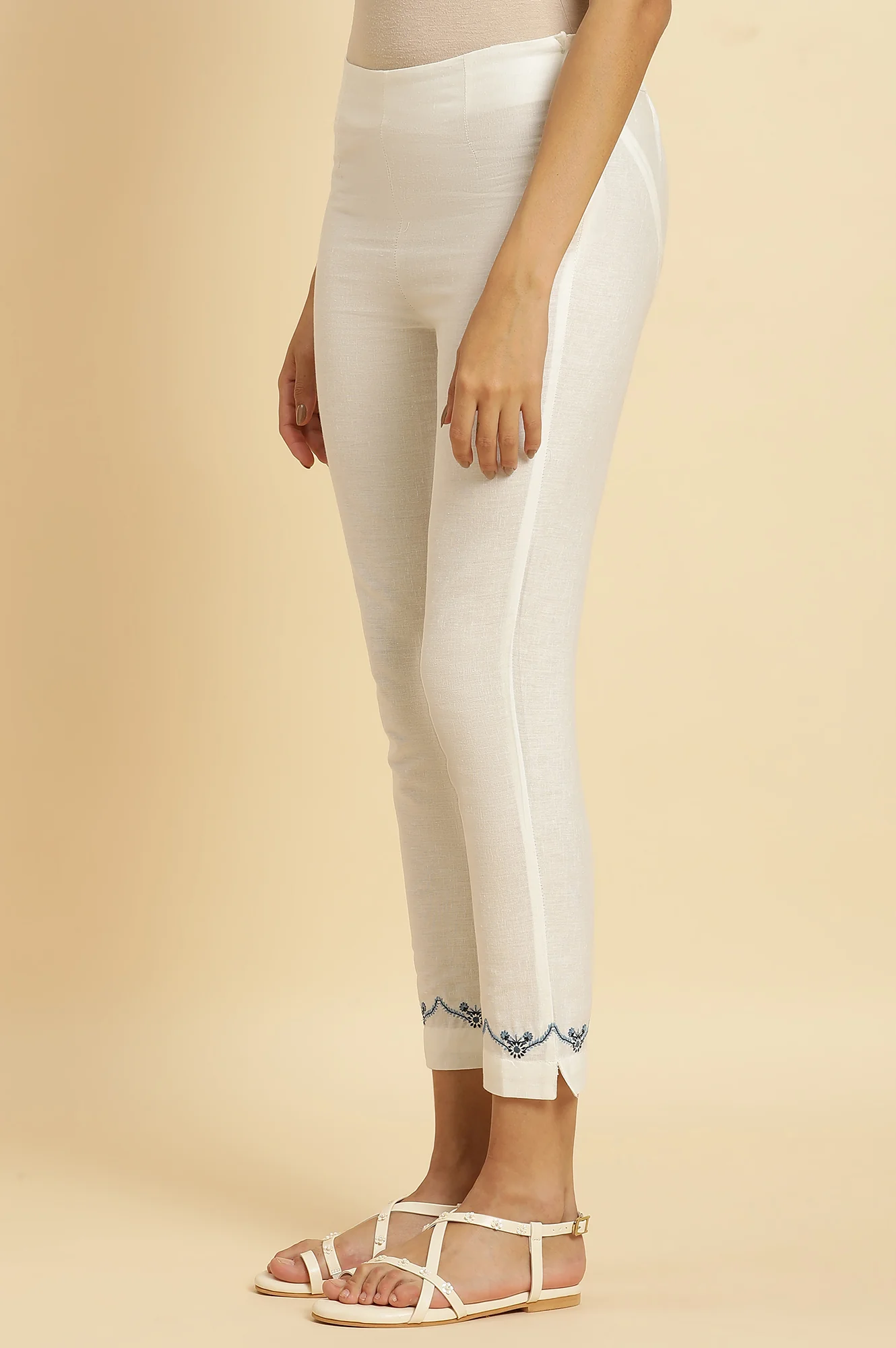 White Solid Embroidered Slim Cotton Pants - Image 2