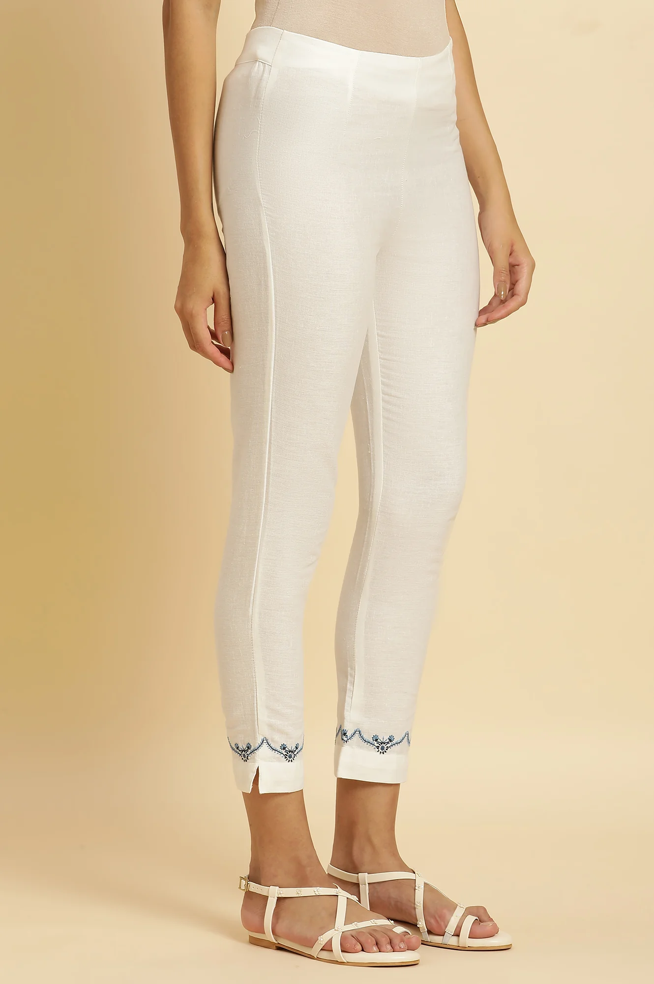 White Solid Embroidered Slim Cotton Pants - Image 4