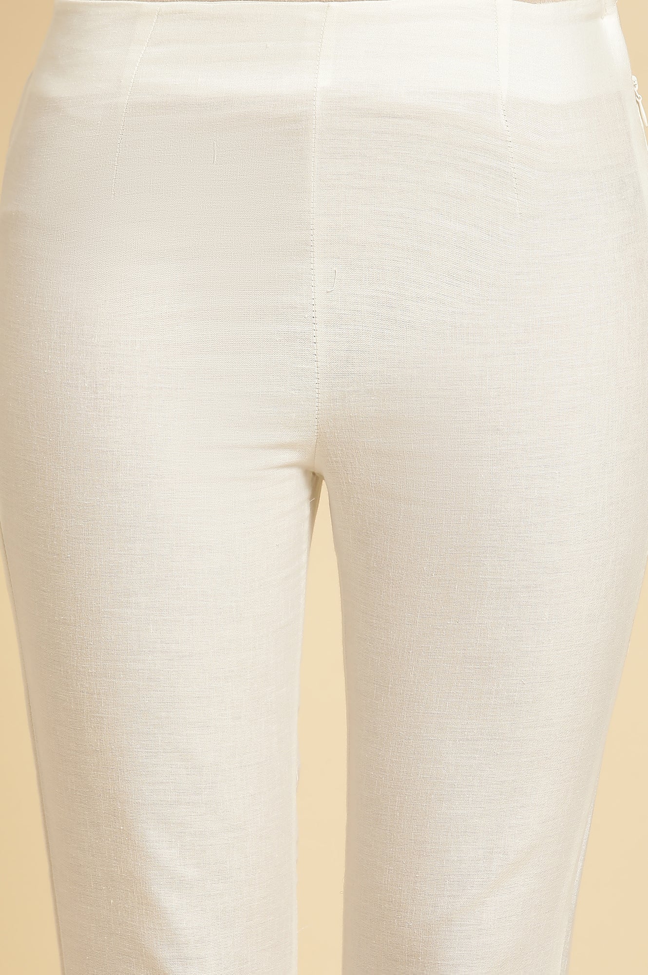 White Solid Embroidered Slim Cotton Pants - Image 6