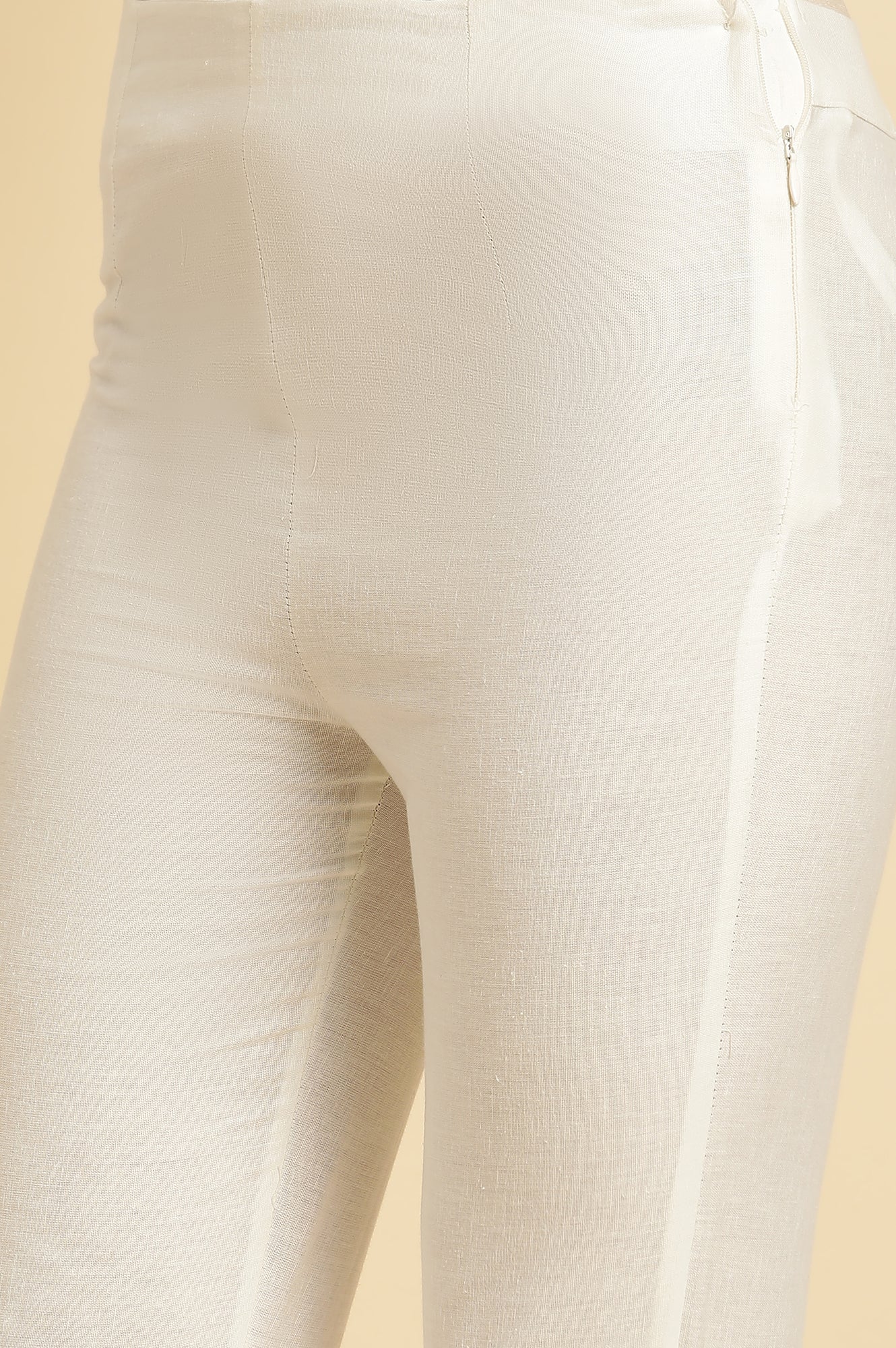 White Solid Embroidered Slim Cotton Pants - Image 7