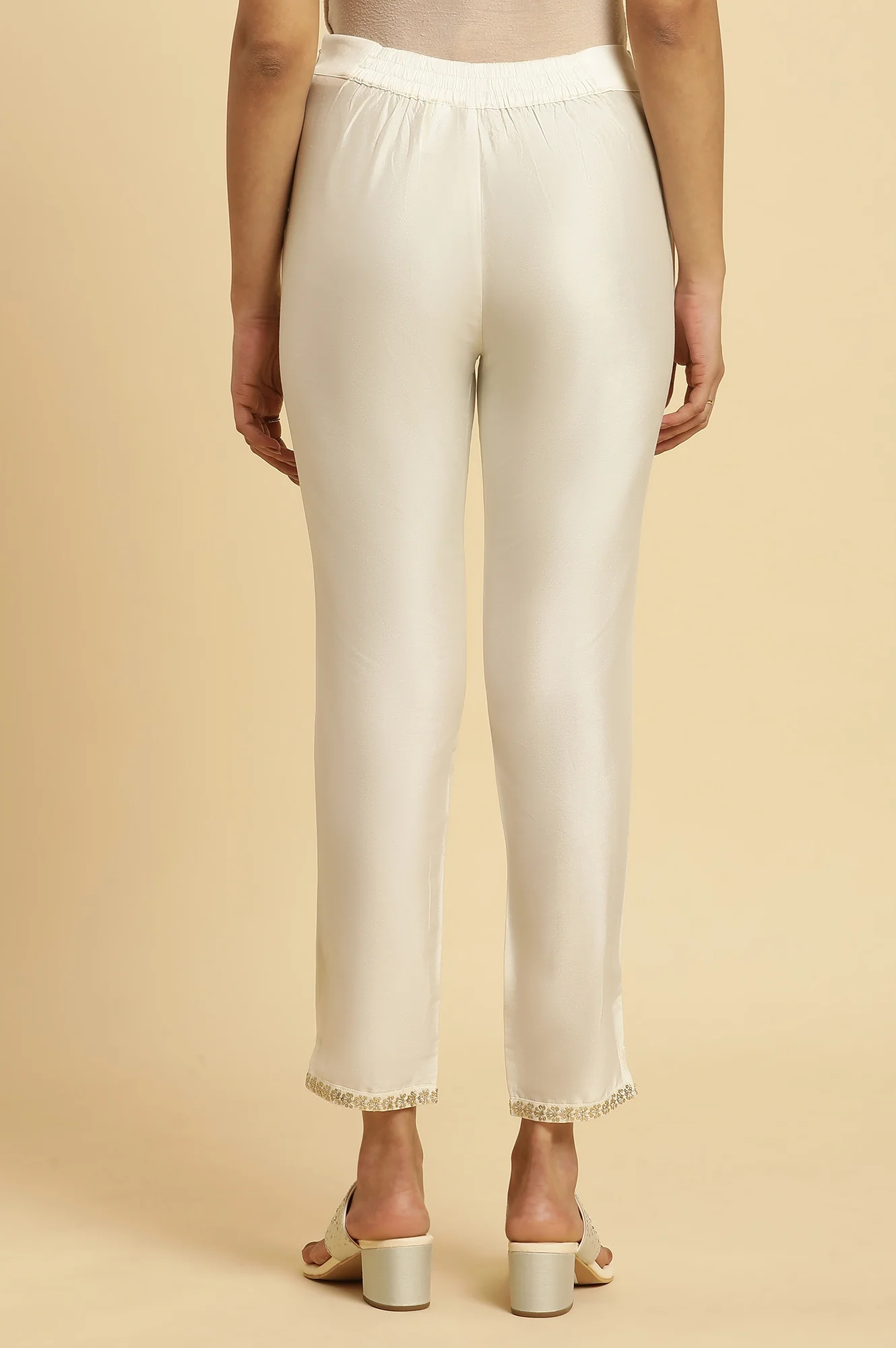 White Solid Embroidered Straight Woven Slim Pant - Image 3