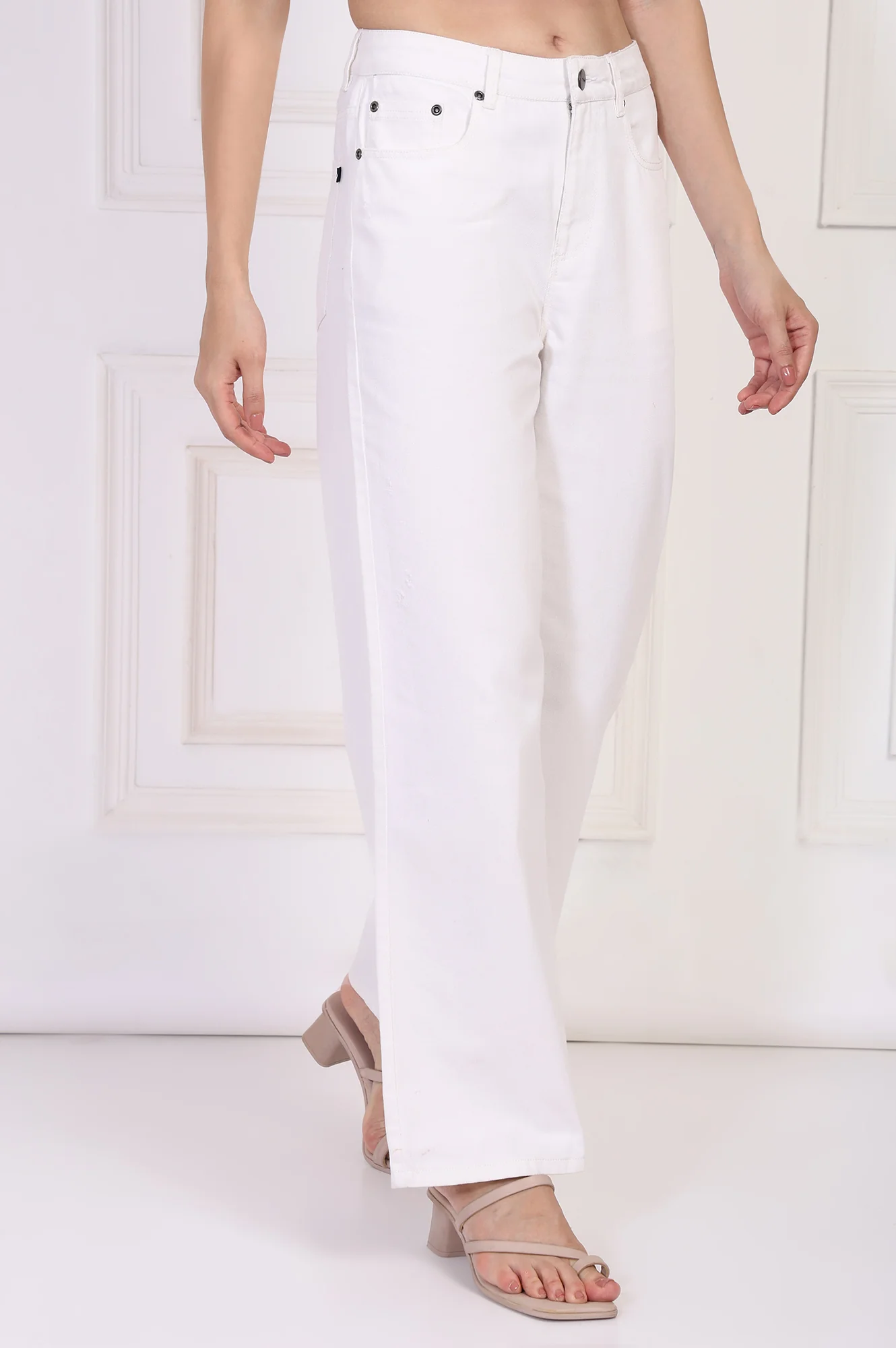 White Solid Flared Cotton Pant - Image 2