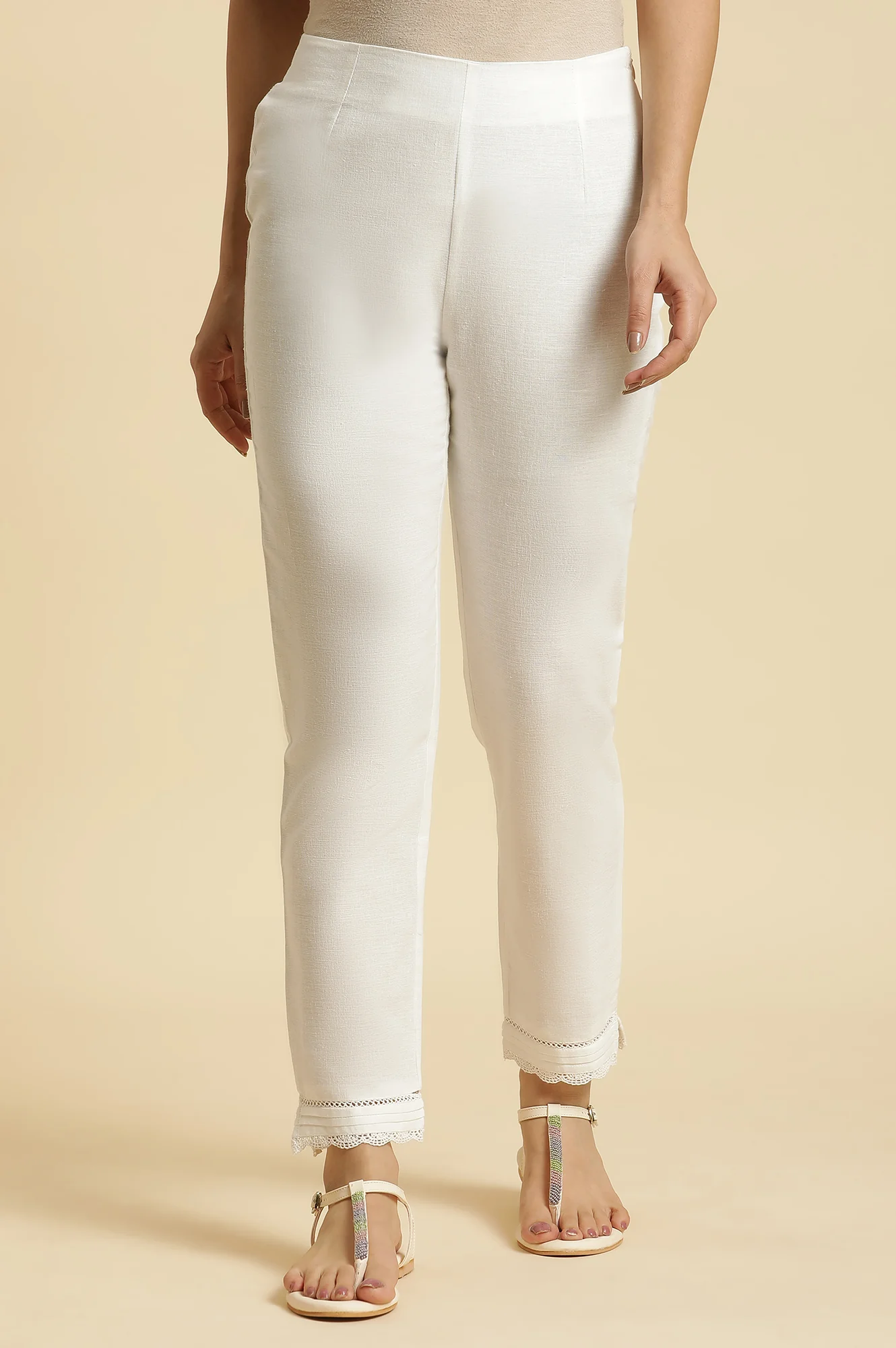 White Solid Lace Trim Straight Cotton Pant