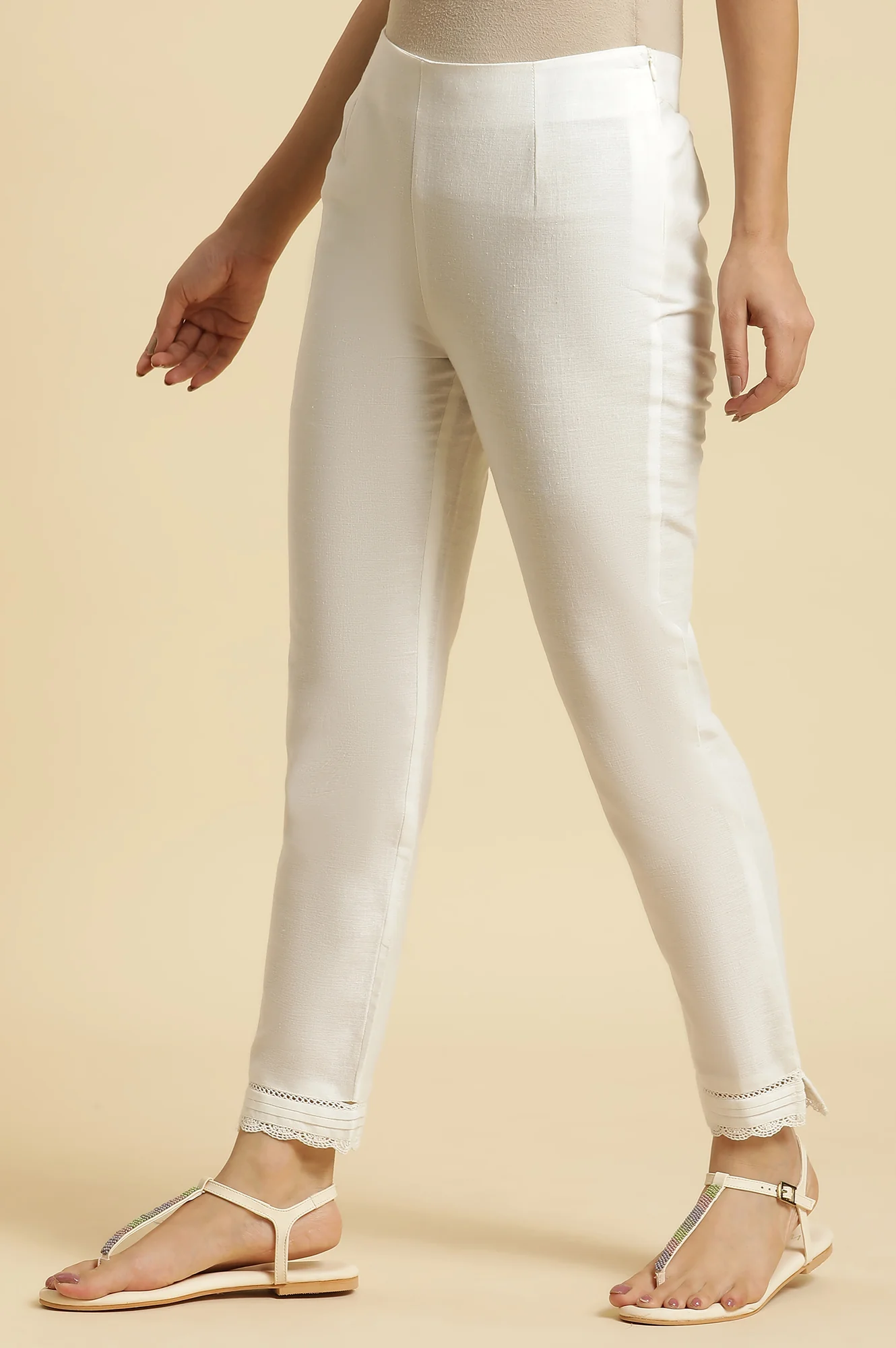 White Solid Lace Trim Straight Cotton Pant - Image 2