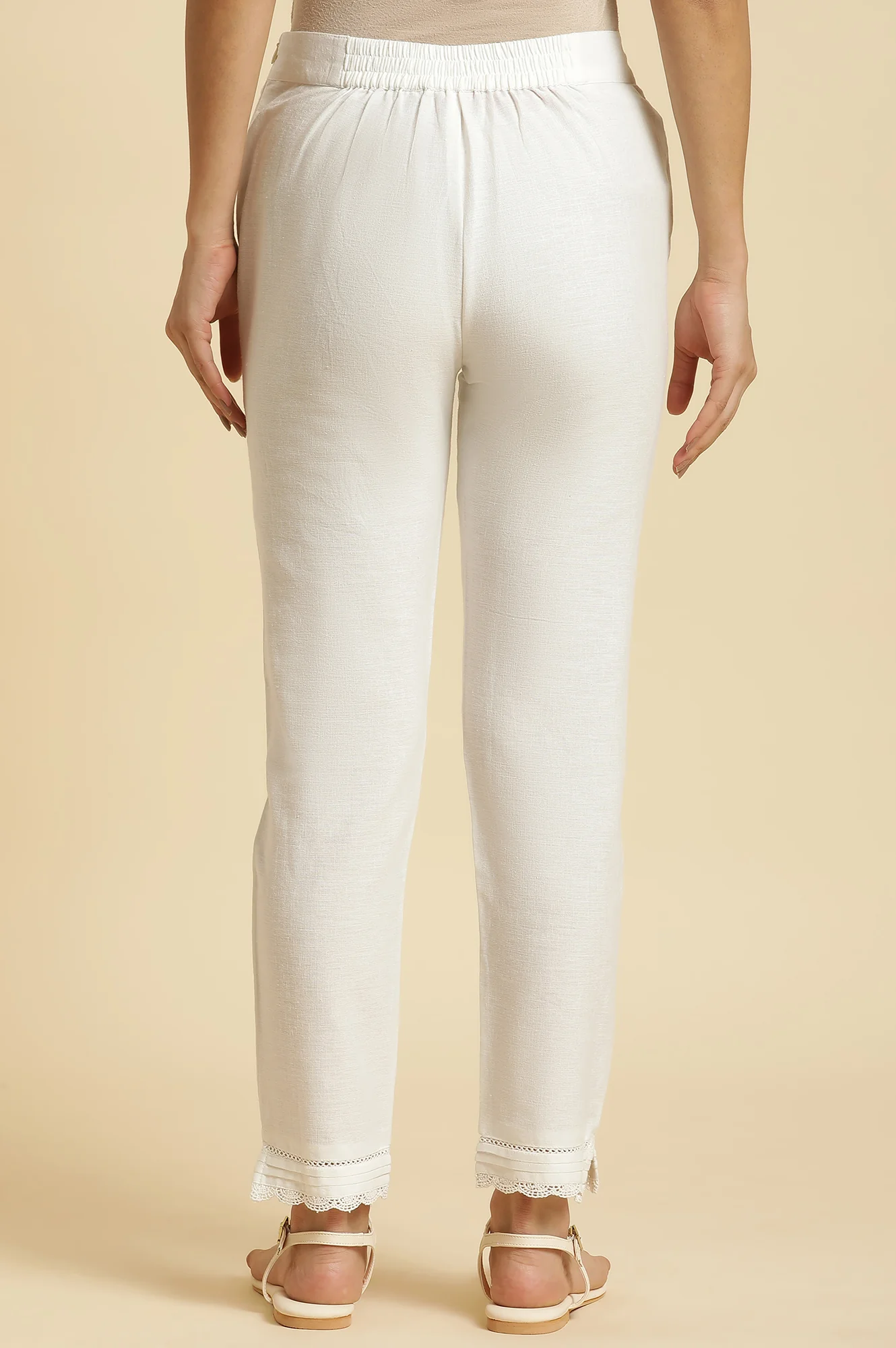 White Solid Lace Trim Straight Cotton Pant - Image 3