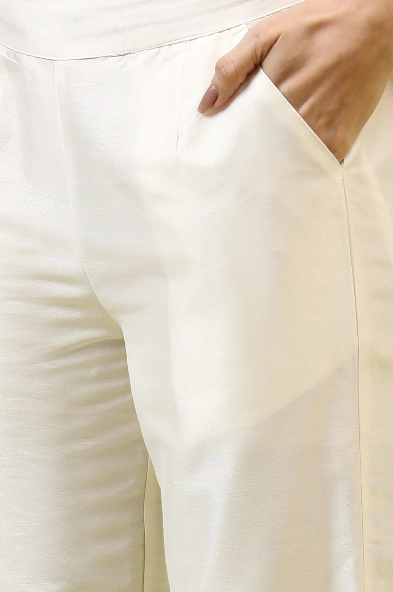 White Solid Mid-Rise Straight Pants with Embroidered Organza Scallop Hemline - Image 8